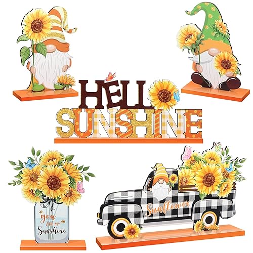 Geelin 5 Pcs Sunflower Wooden Table Signs Sunflower Gnomes Decoration Summer Gnome Table Centerpieces Hello Sunshine Welcome Decoration for Summer Party Home Kitchen Decor(Colorful) - Colorful
