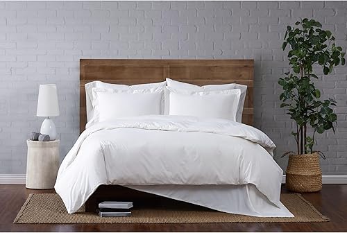 Brooklyn Loom Juego de edredón clásico de algodón blanco de 3 piezas, tamaño matrimonialqueen, con temática de color sólido, para hombres y mujeres,