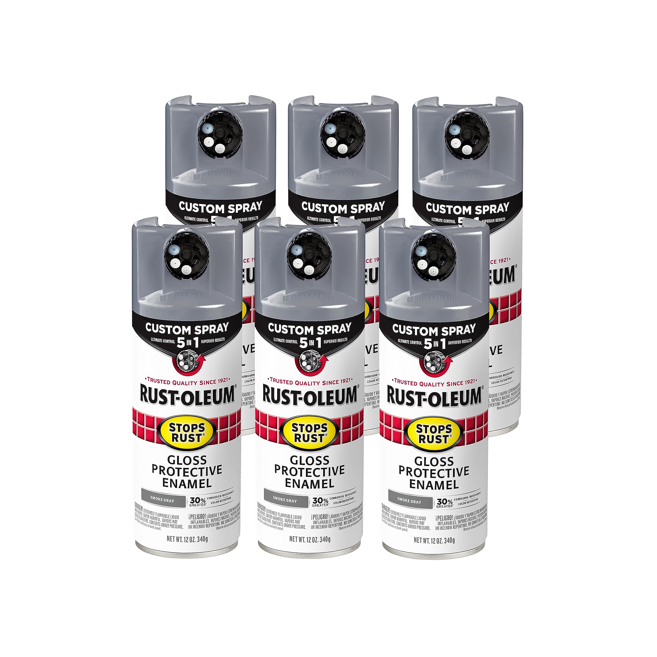 Rust-Oleum 376897-6PK Stops Rust Custom Spray 5-in-1 Spray Paint, 12 oz, Gloss Smoke Gray, (Pack of 6)