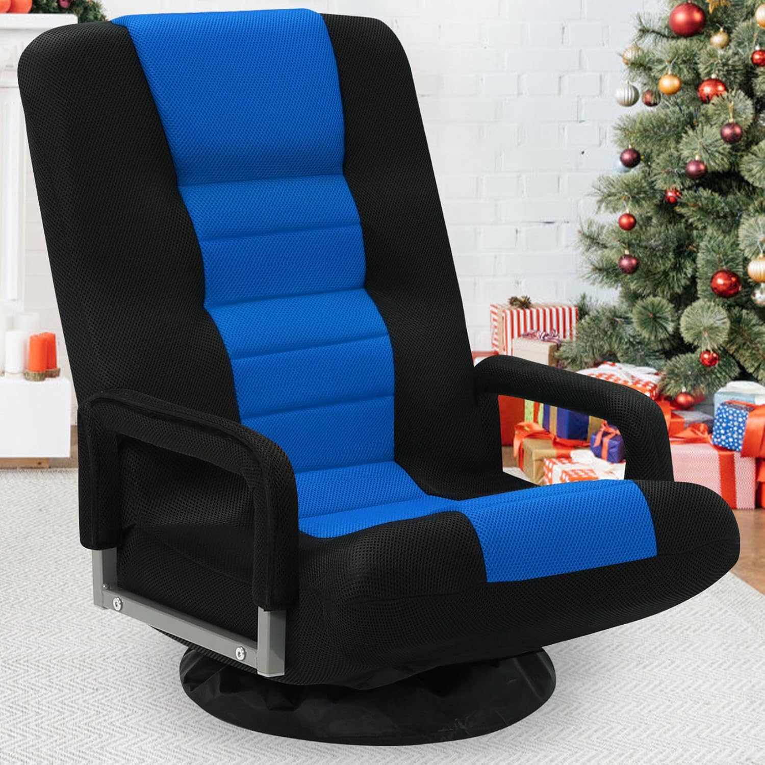 Swivel Floor Gaming Chair w/Armrests, Folding Video Reclining Sofa w/6 Adjustable Position, Padded Backrest & Cushion, Lazy Lounger Couch for E-Sports, Reading, Relaxing, Watching TV, Blue 1 Blue