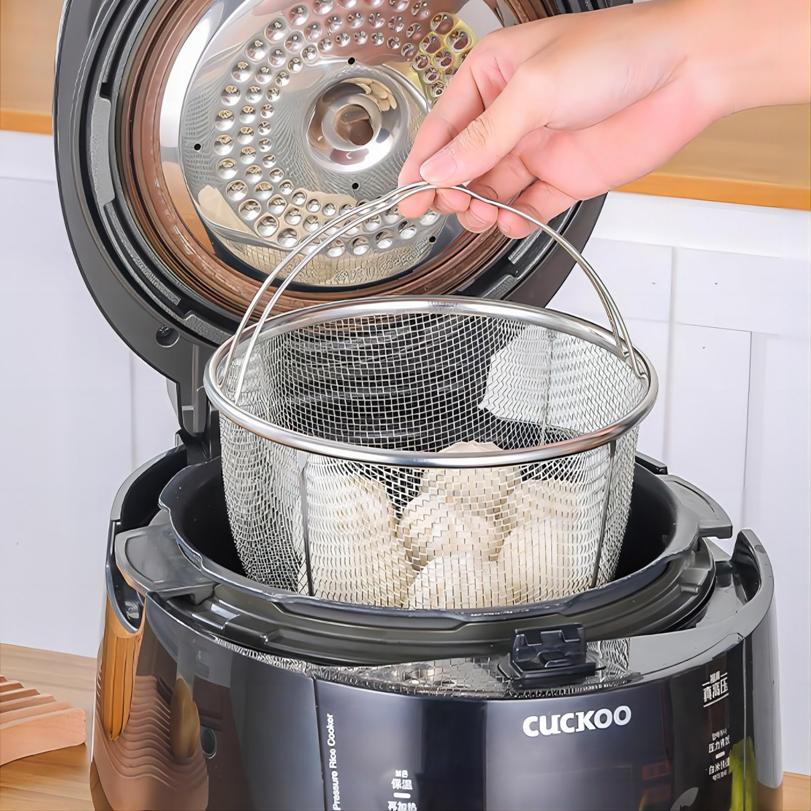 Cesta de malla para vapor, cesta de malla de acero inoxidable e inserto, ollas a presión y ollas, para lavar, freír, cocinar al vapor o frutas, verduras, granos y pastas (2 guantes de silicona gratis)