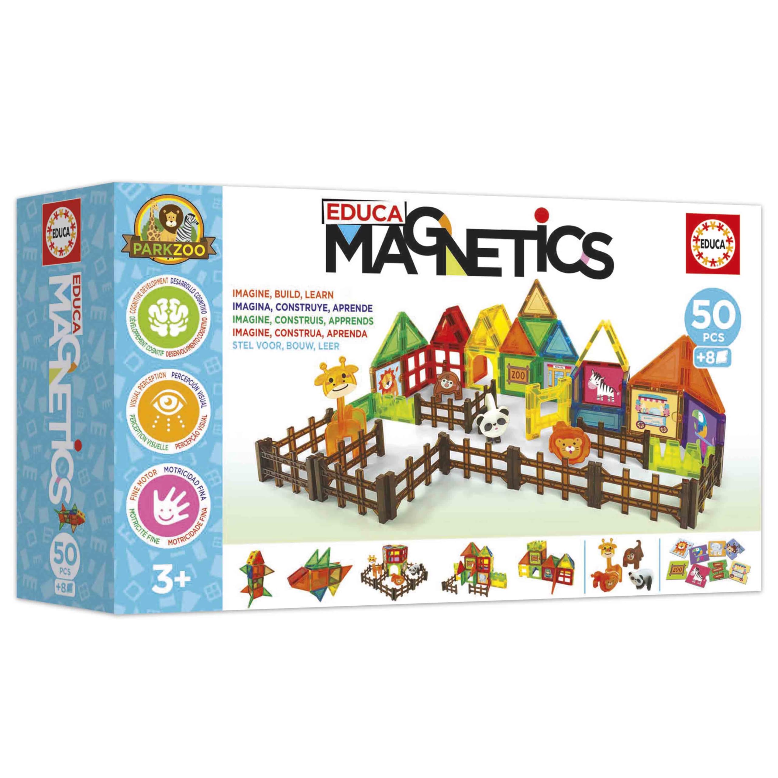 Educa - Magnetics Parck Zoo | Juego Educativo de construcción 3D magnético con 50 Piezas para niños. Incluye 4 Animales y 8 Tarjetas. Construye Figuras geométricas. A Partir de 3 años (20270)