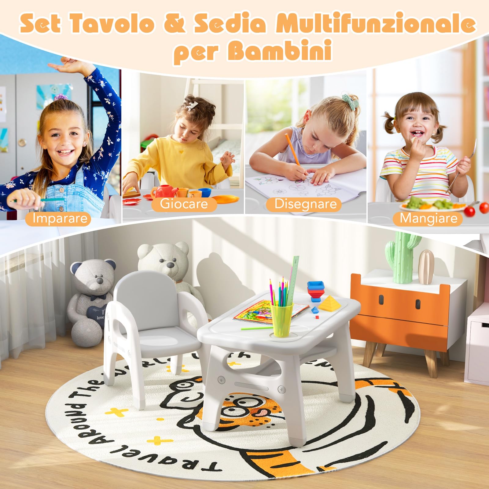 COSTWAY Tavolo e Sedia per Bambini Dinosauro Set Scrivania Attività Artistiche Studio 1-5 Anni Grigio