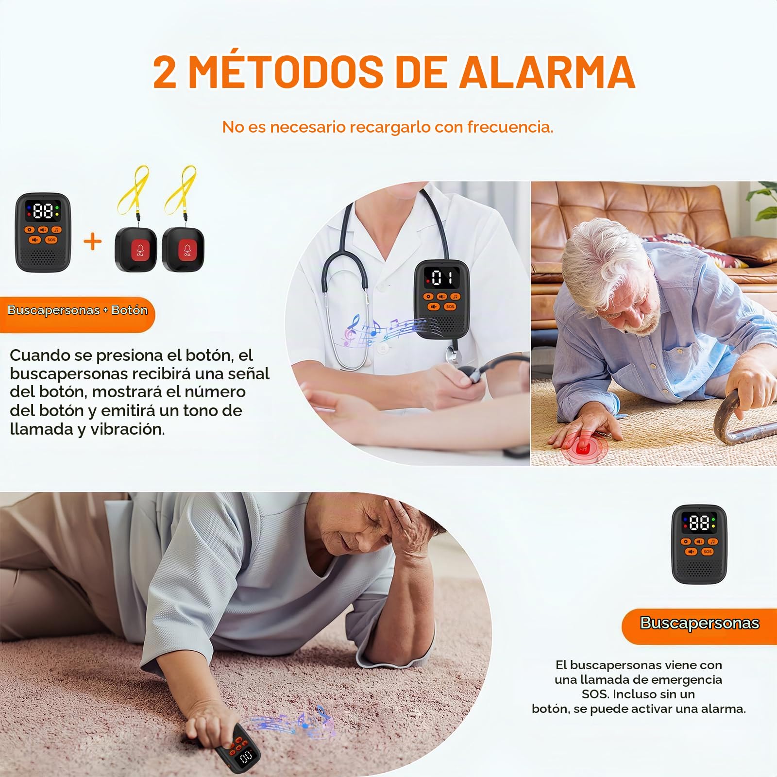Cuteefun SOS Botón de Llamada Emergencia Inalámbrica, 16 Melodías, 3 Volúmenes, Receptor de Carga USB C con 2 Botones de Llamada, Boton Llamada Emergencia para Ancianos, Paciente