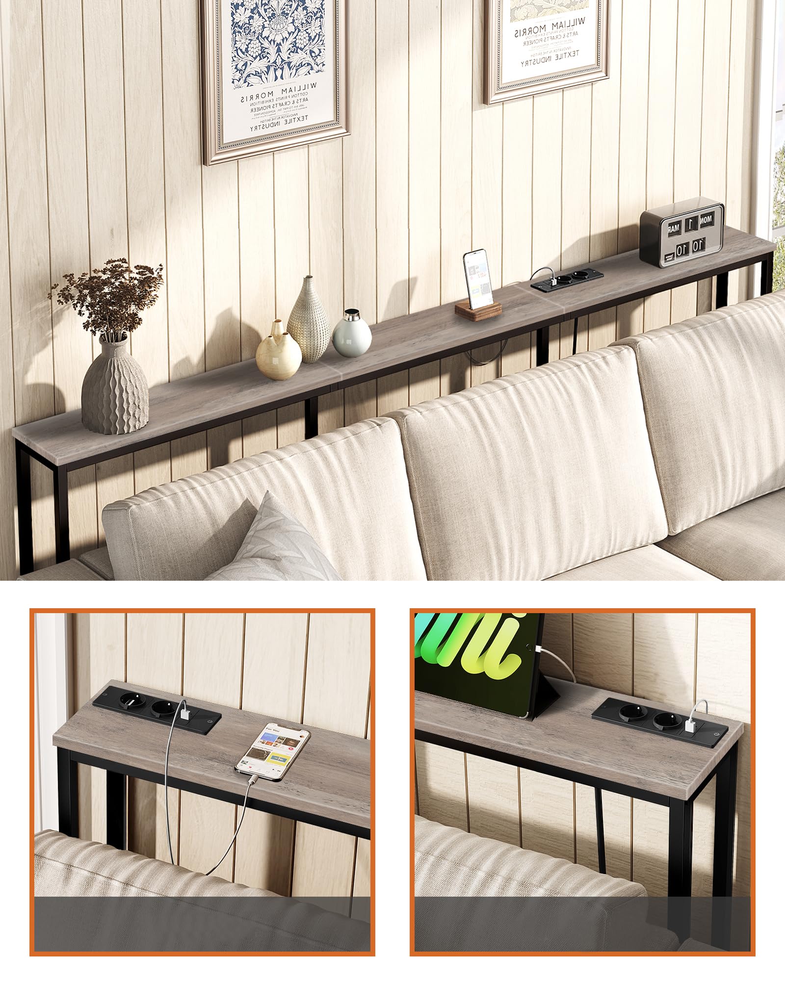 Table Console 200cm Avec Prises USB - Style Industriel, Station De Charge Intégrée, Idéale Pour Salon Et Entrée