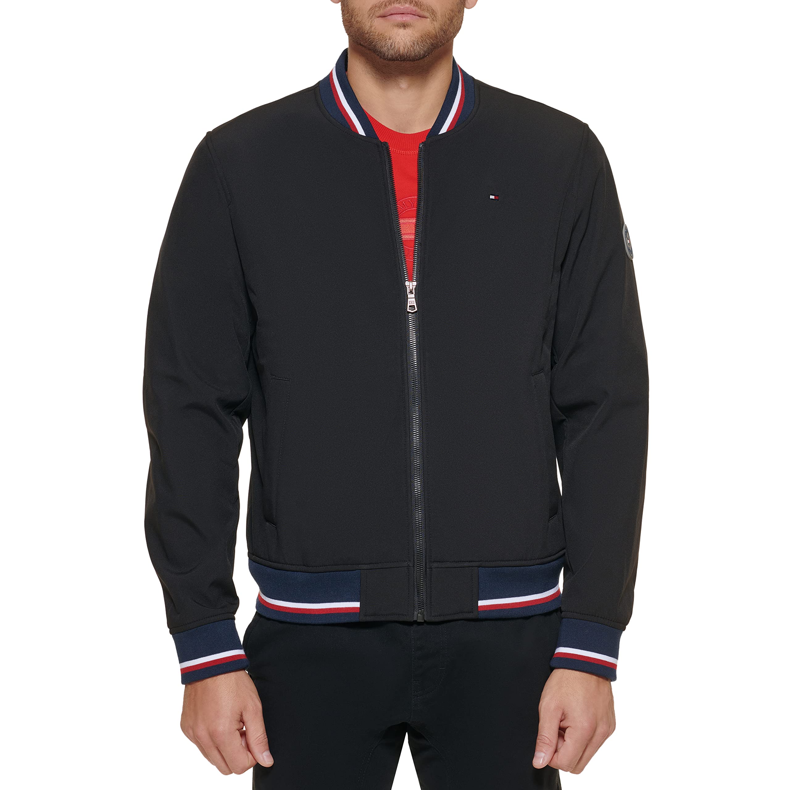 Tommy Hilfiger Men's Lightweight Varsity Rib Knit Bomber Shell Jacket, Black Soft Shell, L UK