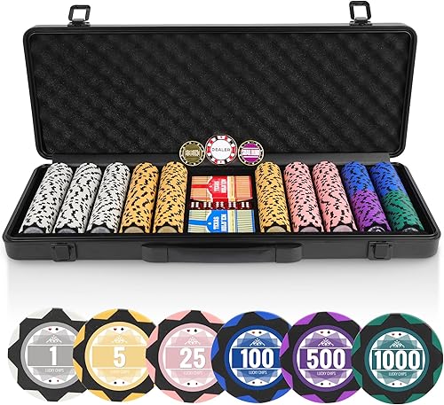 ORIENGEAR Juego de 500 piezas de póquer con fichas de arcilla numeradas de 0.49 oz, juegos de fichas de casino Texas Hold'em con 2 barajas de cartas