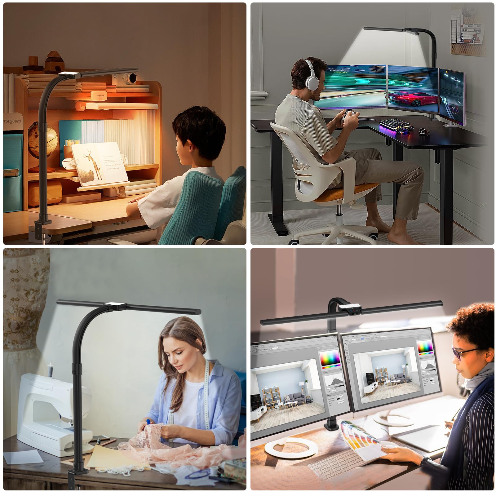 tantu Doppelkopf Schreibtischlampe LED dimmbar,24W 80CM Schreibtischlampen klemmbar,5 Farb 5 Helligkeitsstufen Tageslichtlampe Schreibtisch,Verstellbarer Schwanenhals Bürolampe Augenschutz (grau)