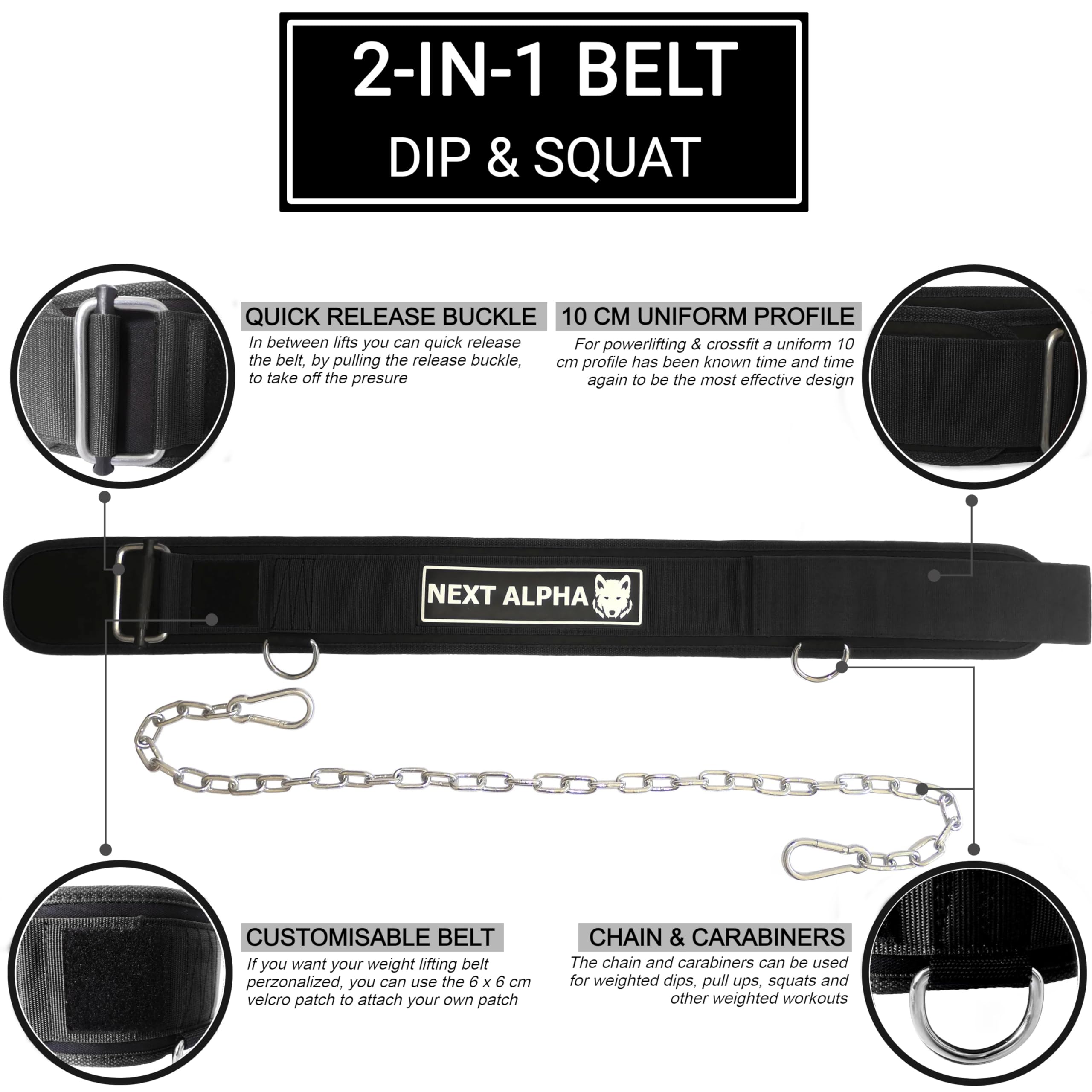 Combinazione Cintura Powerlifting & Cintura per dips - Cintura per Sollevamento Pesi Personalizzata - per Uomo e Donna - Fibbia Autobloccante e Sgancio Rapido - con Catena