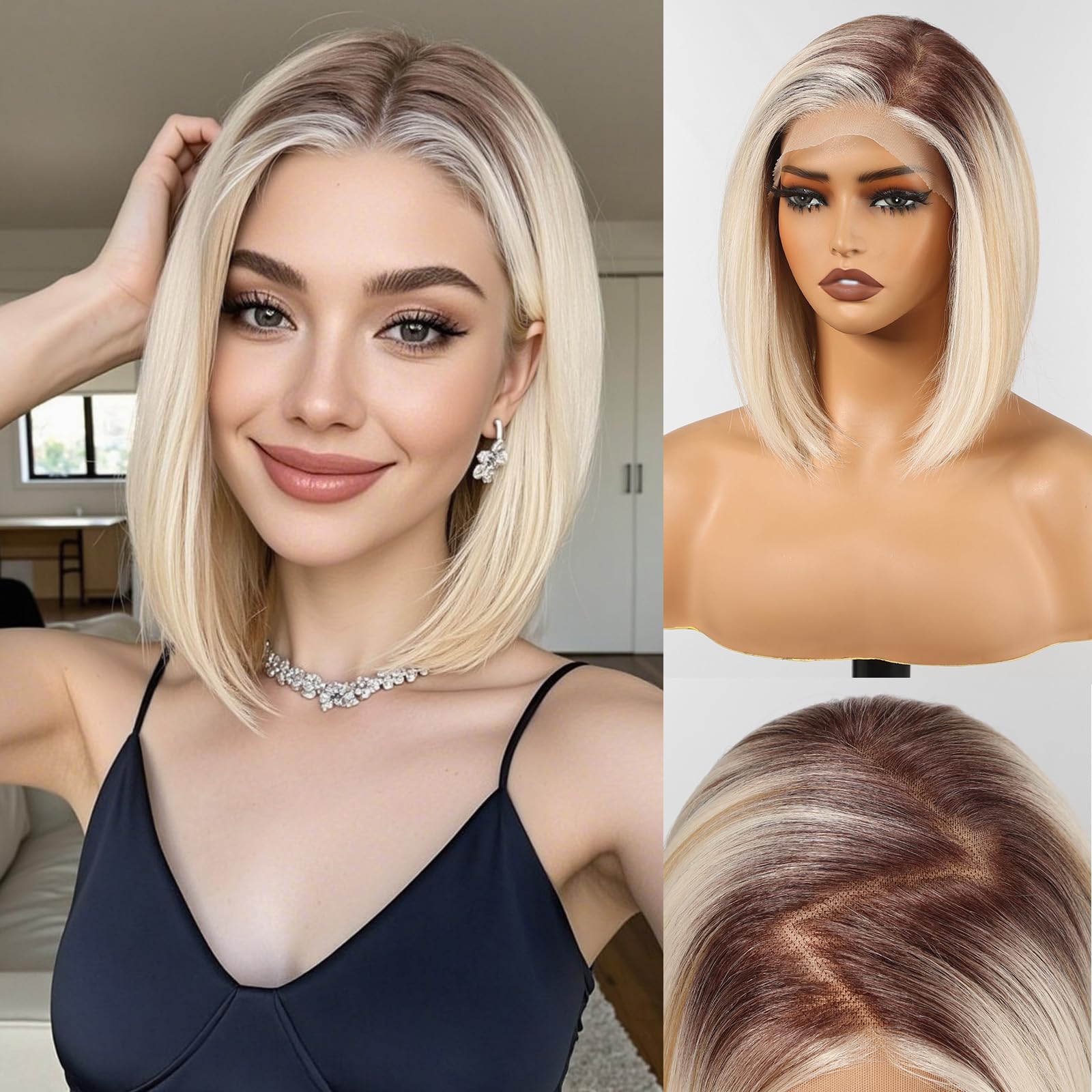 HAIRCUBE 13x6 HD Synthetic Lace Front Wig, 10 Inch Ombre Blonde Hightlight Bob Wig Natural Density Hairline Straight Glueless Wig for Women Daily Use 10 Inch 13