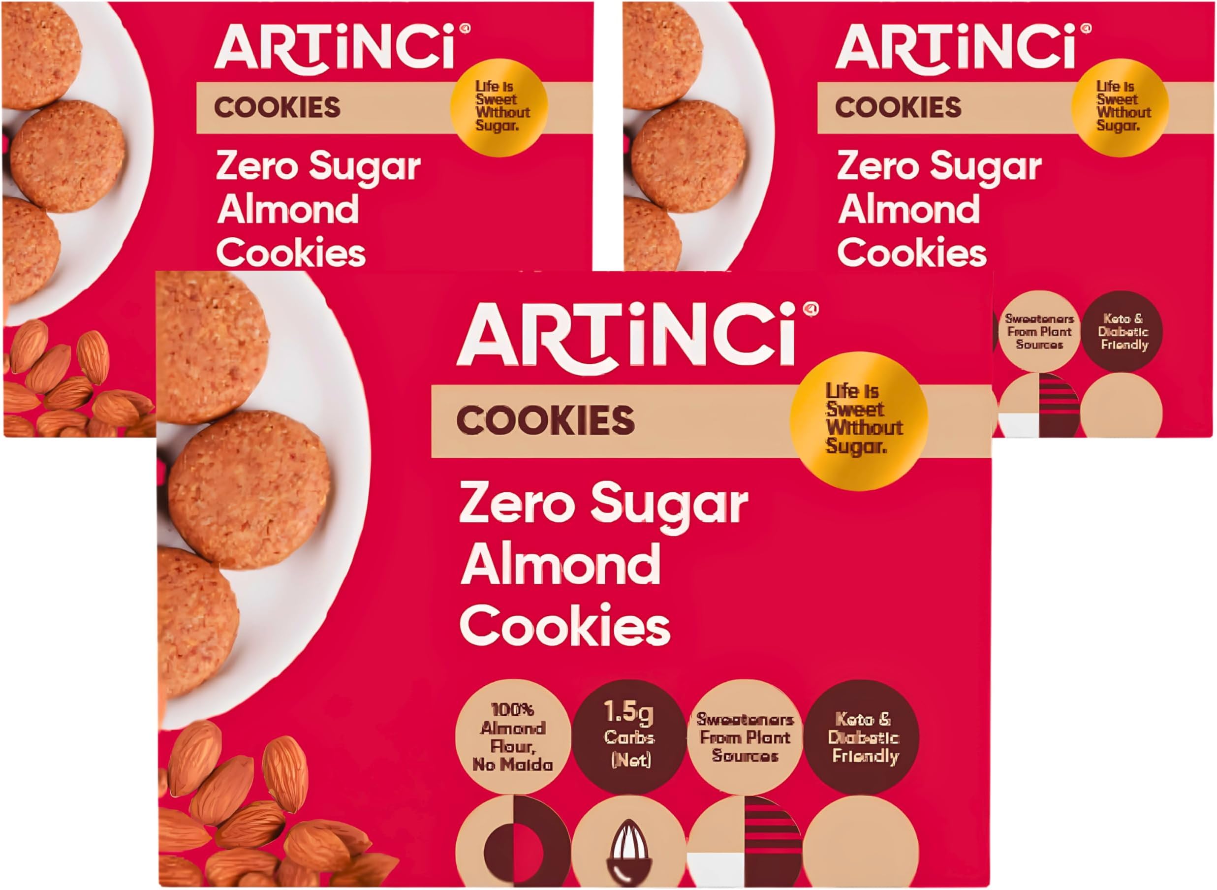 Artinci Sugar Free Almond Cookies (185g x 3), Premium California Almond Flour, Gluten-Free, No Maida, Diabetic Friendly, High Protein and High Fiber Digestive Biscuits, Sugarfree Healthy Cookies