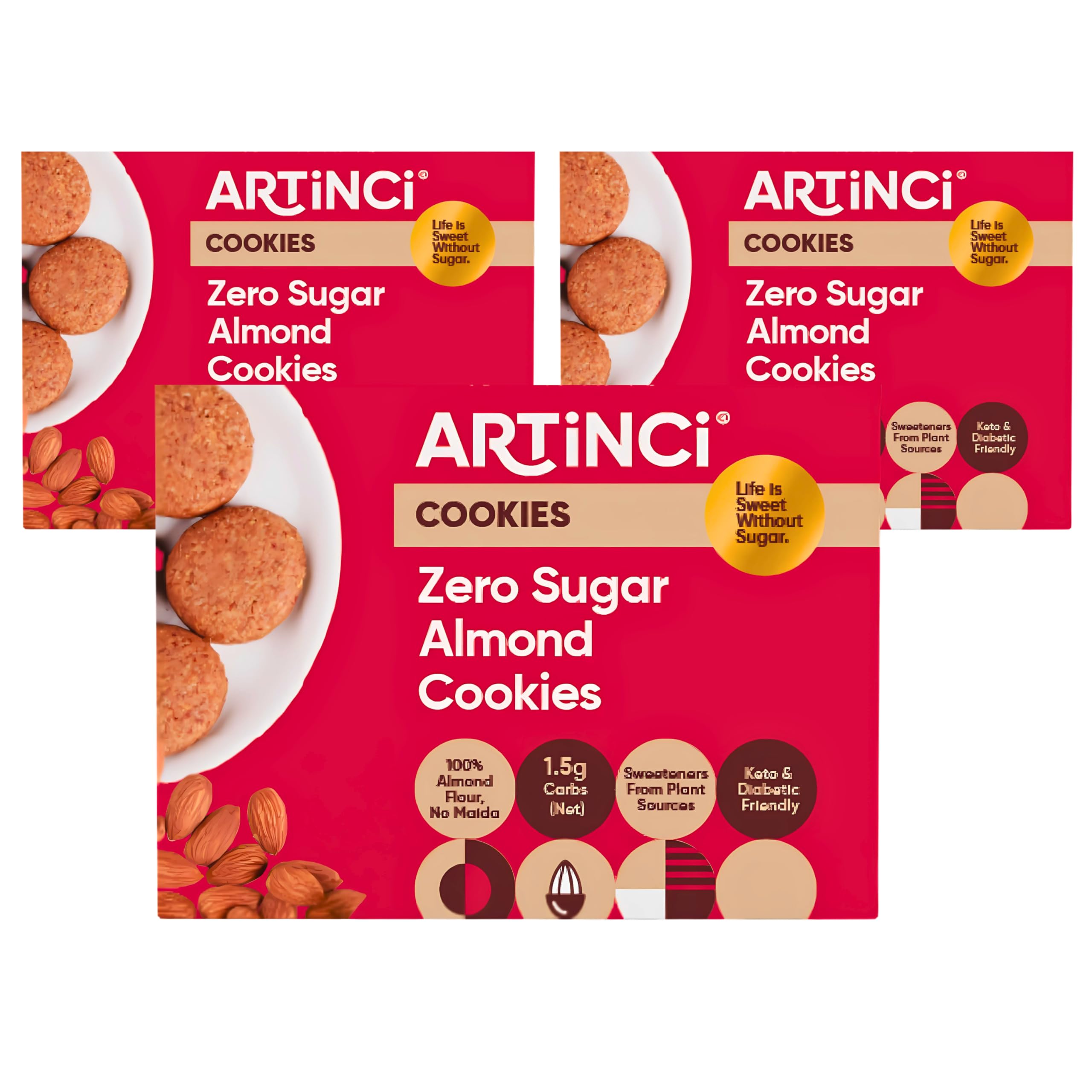 Artinci | Almond Keto Cookies | Friendly | Gluten Free | Sugar free Biscuit | Diet snacks for Healthy Living | (185 * 3g) | Pack of 3