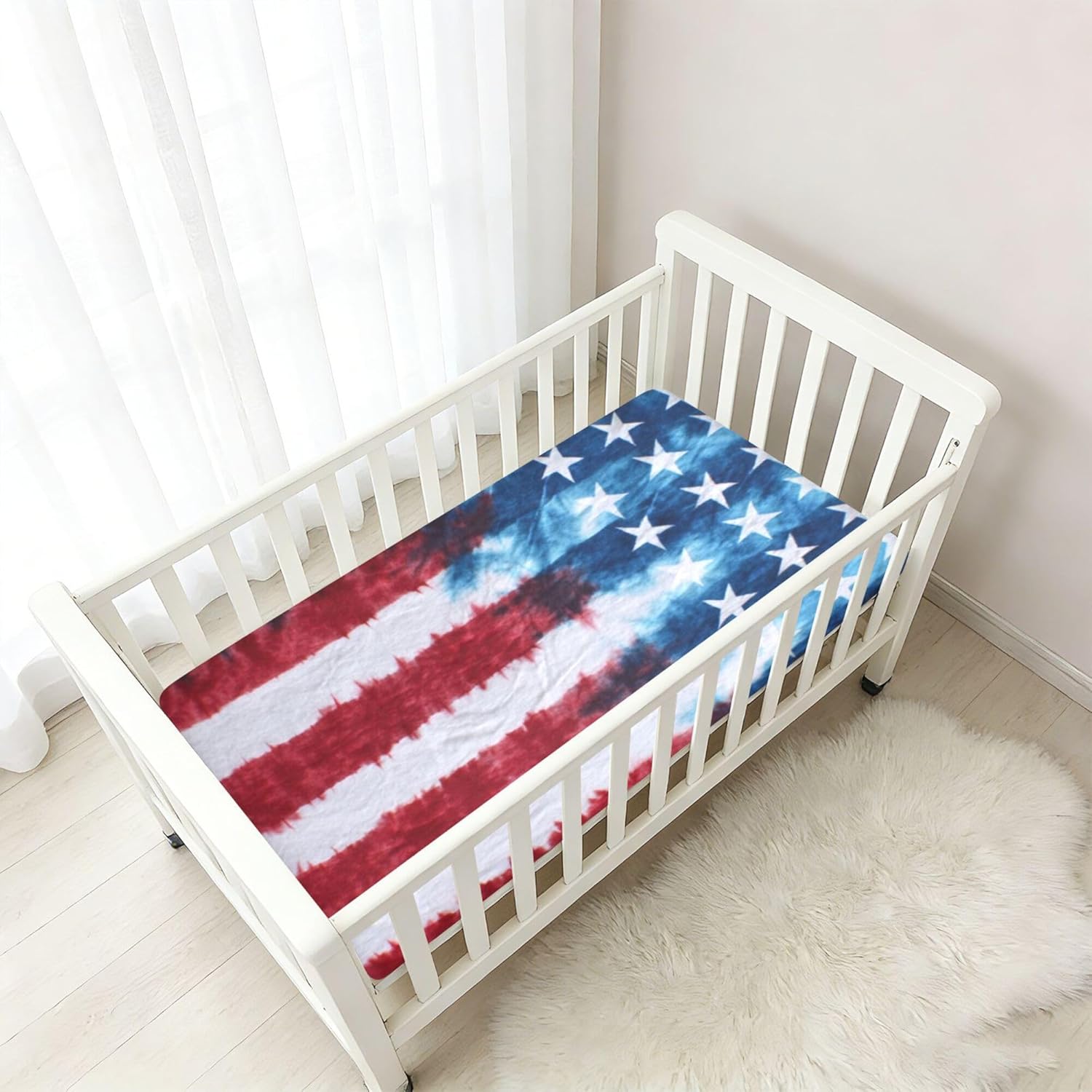 American Flag Tie-dye Crib Sheets Soft Breathable Fitted Cotton Baby Crib Sheets Mattress Cover for Girl Boy, 52" x 28" x 9"