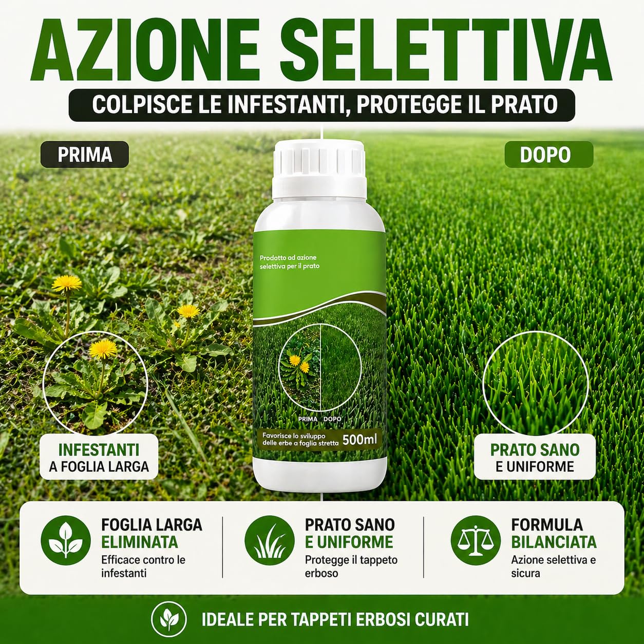 Diserbante Naturale Selettivo e Rinverdente Prato 500ml - Erbicida Foglia Larga per Tappeto Erboso - Ferro Chelato HEDTA Azione Rapida - Concime Liquido contro Infestanti e Muschio