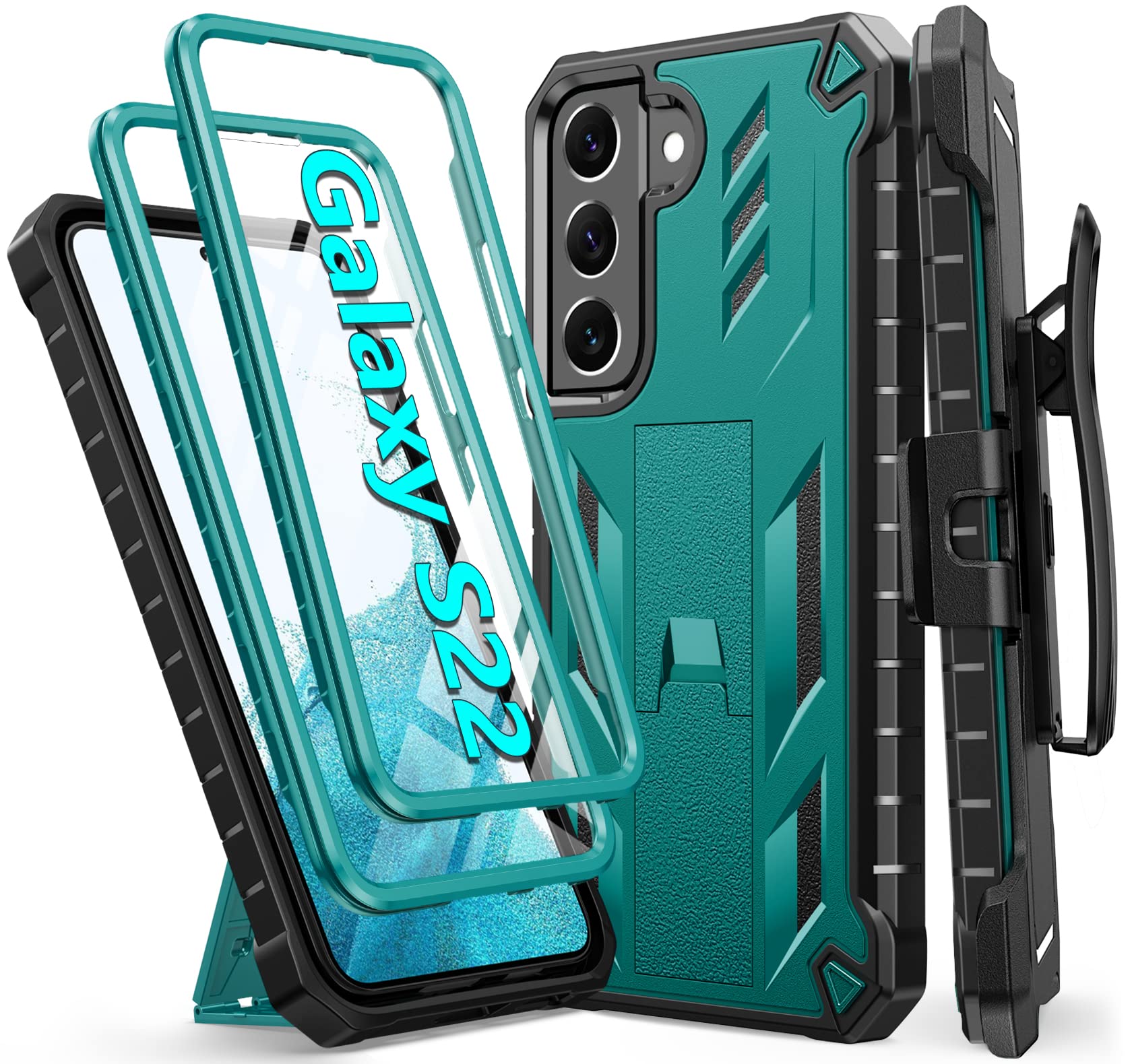 FNTCASE for Samsung Galaxy S22 Case: Military Grade Protection Rugged Anti-Drop Case with Belt-Clip Holster & Kickstand - Full Shockproof Sturdy Durable Bumper Textured Cellphone Protective Cover
