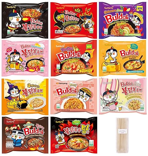 Samyang Spicy Hot Chicken Ramen 11 Flavor Variety Pack - FREE Chopsticks - Korean Buldak Ramen Noodles (11 Pack)