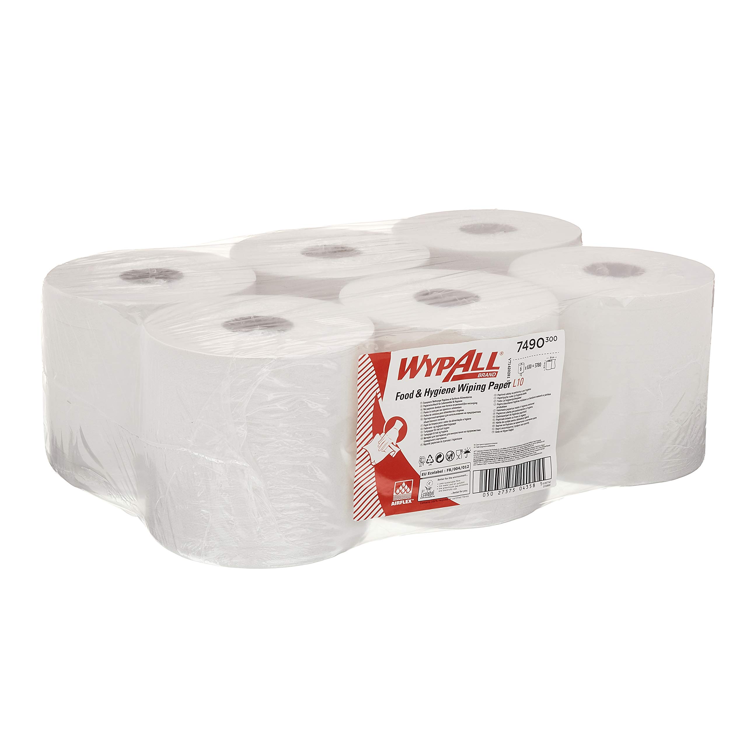 WypAll 7490 Rollo de dispensación central de paños de celulosa para alimentación e higiene L10 para dispensador Roll Control, 1 capa, Blanco, 6 rollos x 630 hojas