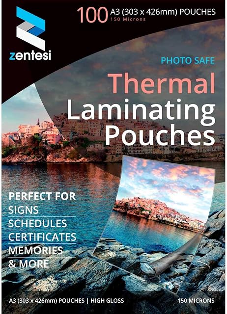 Zentesi A3 Laminating Pouches High Gloss Laminator Sheets 150 Micron (75 + 75 Microns) Glossy Laminate Pouch Sleeves - Pack of 100