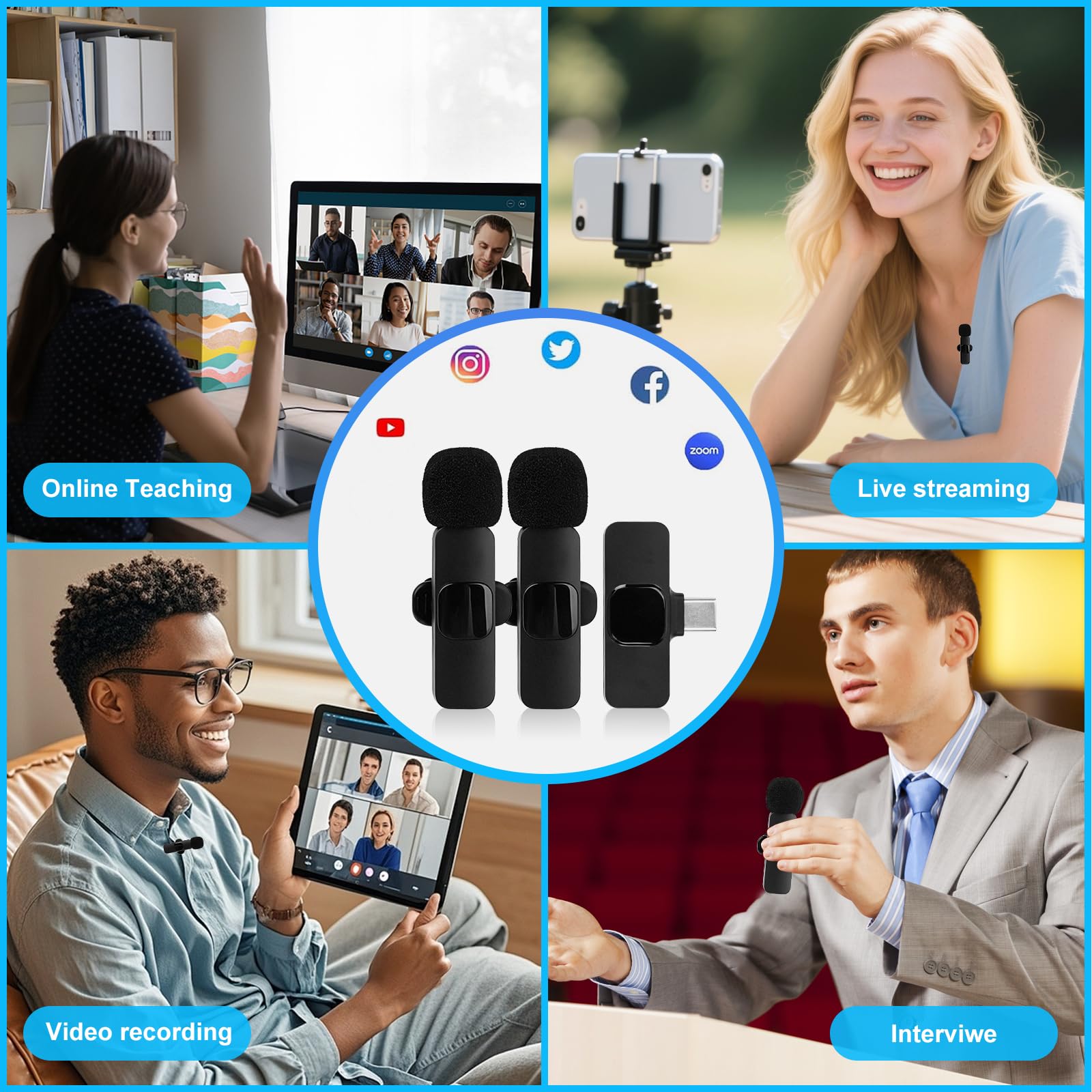 Lavalier Mini Mic Pro mikrofon bezprzewodowy do iPhone'a i telefonów z systemem Android, mikrofon do telefonu komórkowego z wtyczką USB-C/USB/Lightning, redukcja szumów do nagrywania wideo, wywiadów