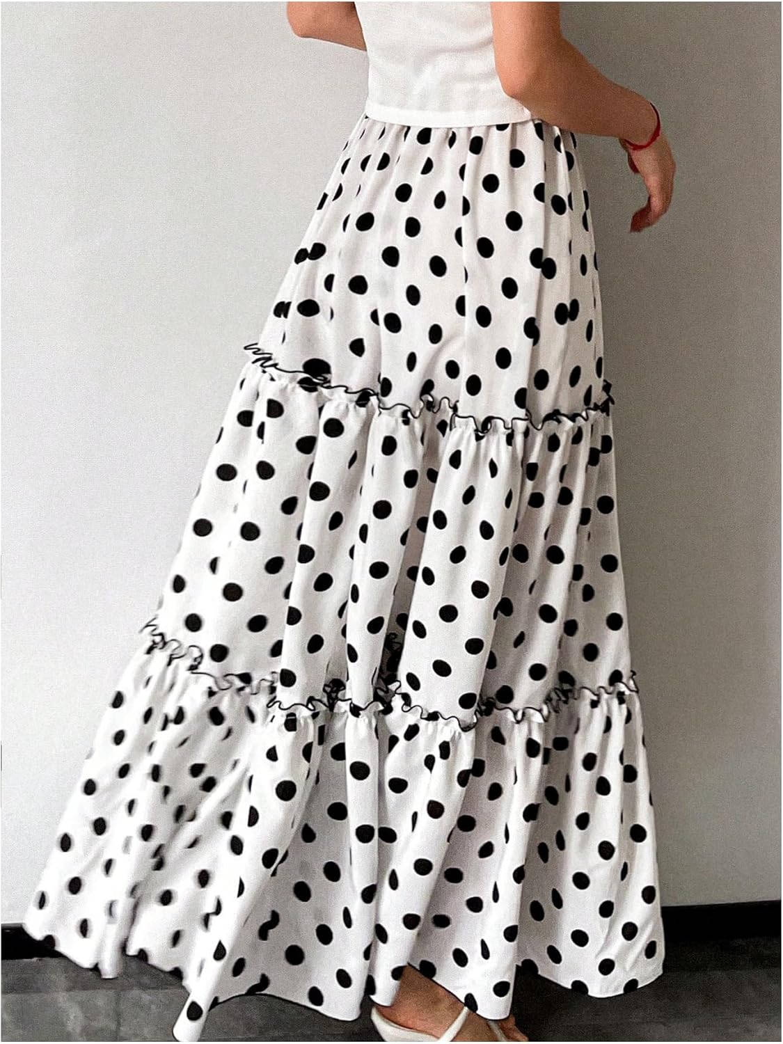 SHENHE Women's Polka Dots Flowy Maxi Skirt High Waist A Line Ruffle Tiered Swing Long Skirt