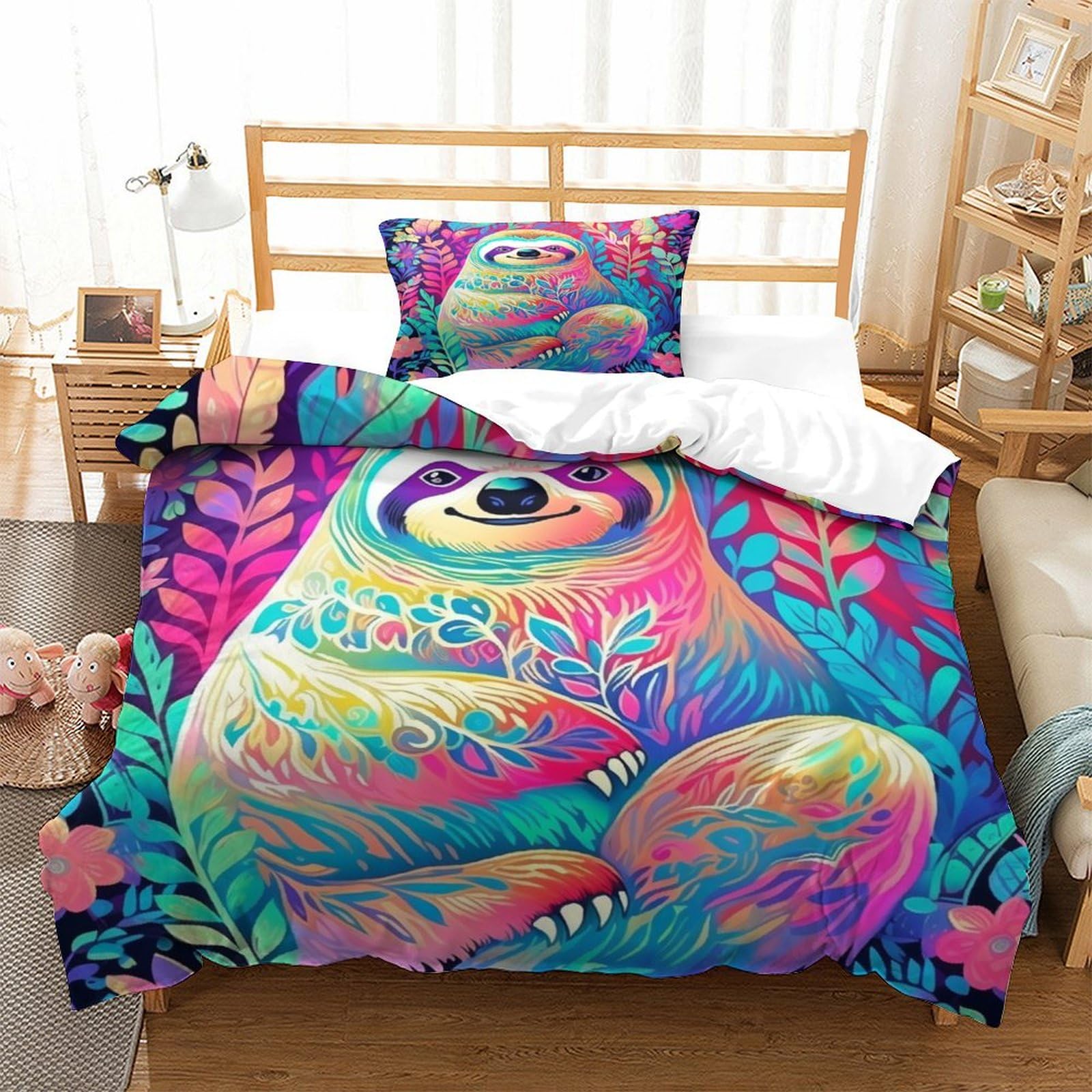 P1S9U7W5Y 3D Printed Vibrant Sloth Duvet Cover Set 3pcs Microfiber Sloth Bedding Set Single