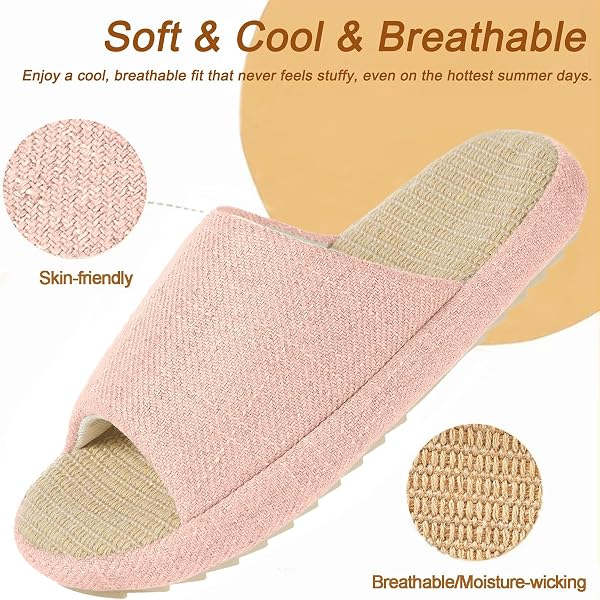 Zapatillas de Estar en Casa Mujer Pantuflas de Lino Antideslizantes Planas Espuma de Memoria Suave Cuatro Estaciones Slippers - 4