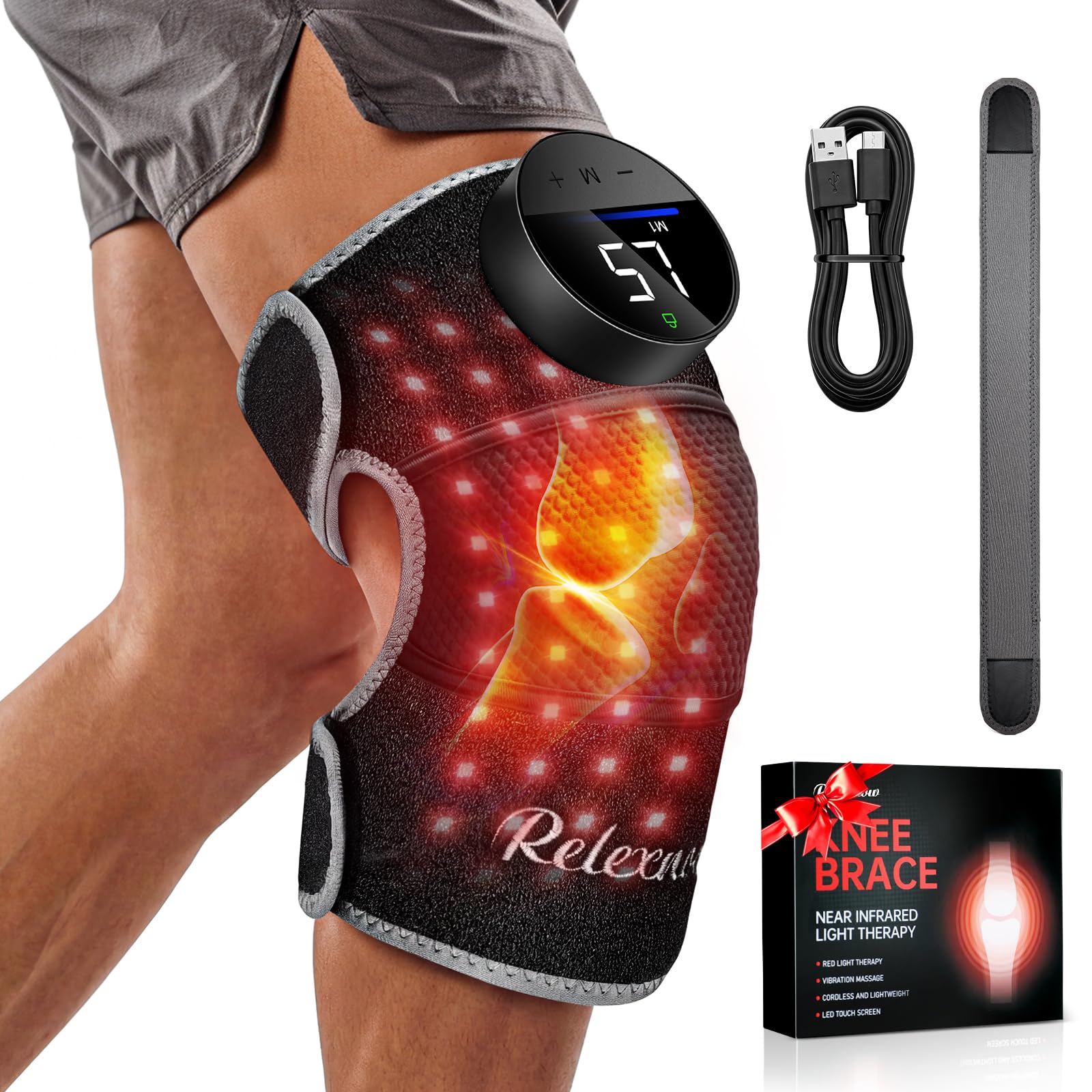 Red Light Therapy Knee Brace Vibration Knee Massage with Extension Band Wireless Rechargeable Controller 660nm and 850nm Near