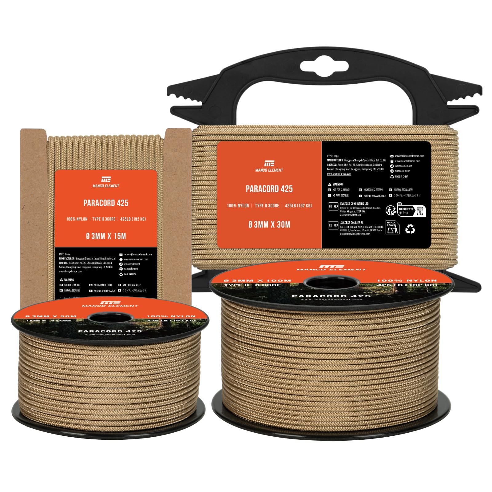 Manco Element 3mm Paracord 425 Type II 50m Tan | 100% Nylon Rope 3 Strands Tactical Cord | Ideal for Outdoor, Camping, Survival, Crafting, DIY