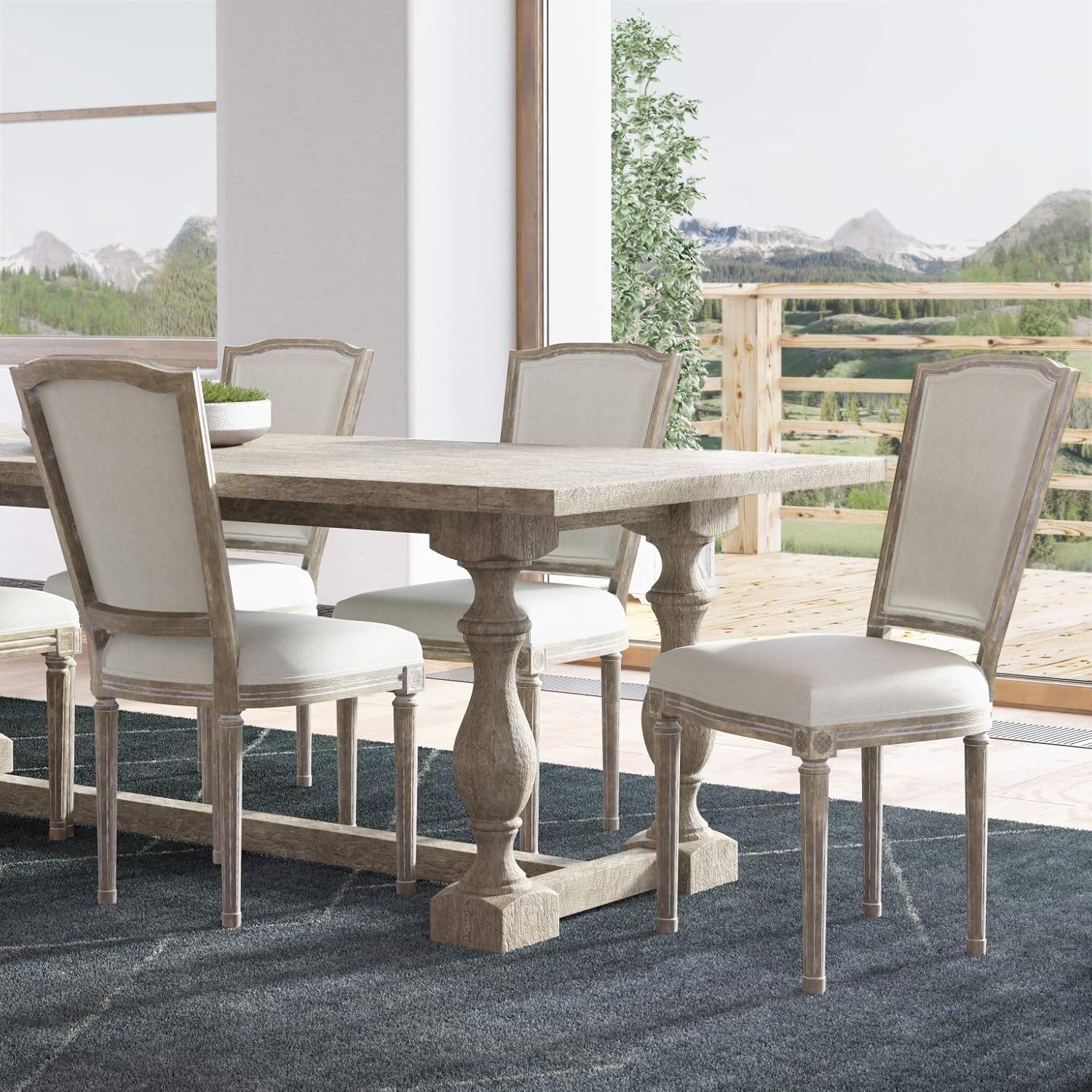 Distressed High Back Dining Chairs, Set of Solid Wood, Tufted Design
