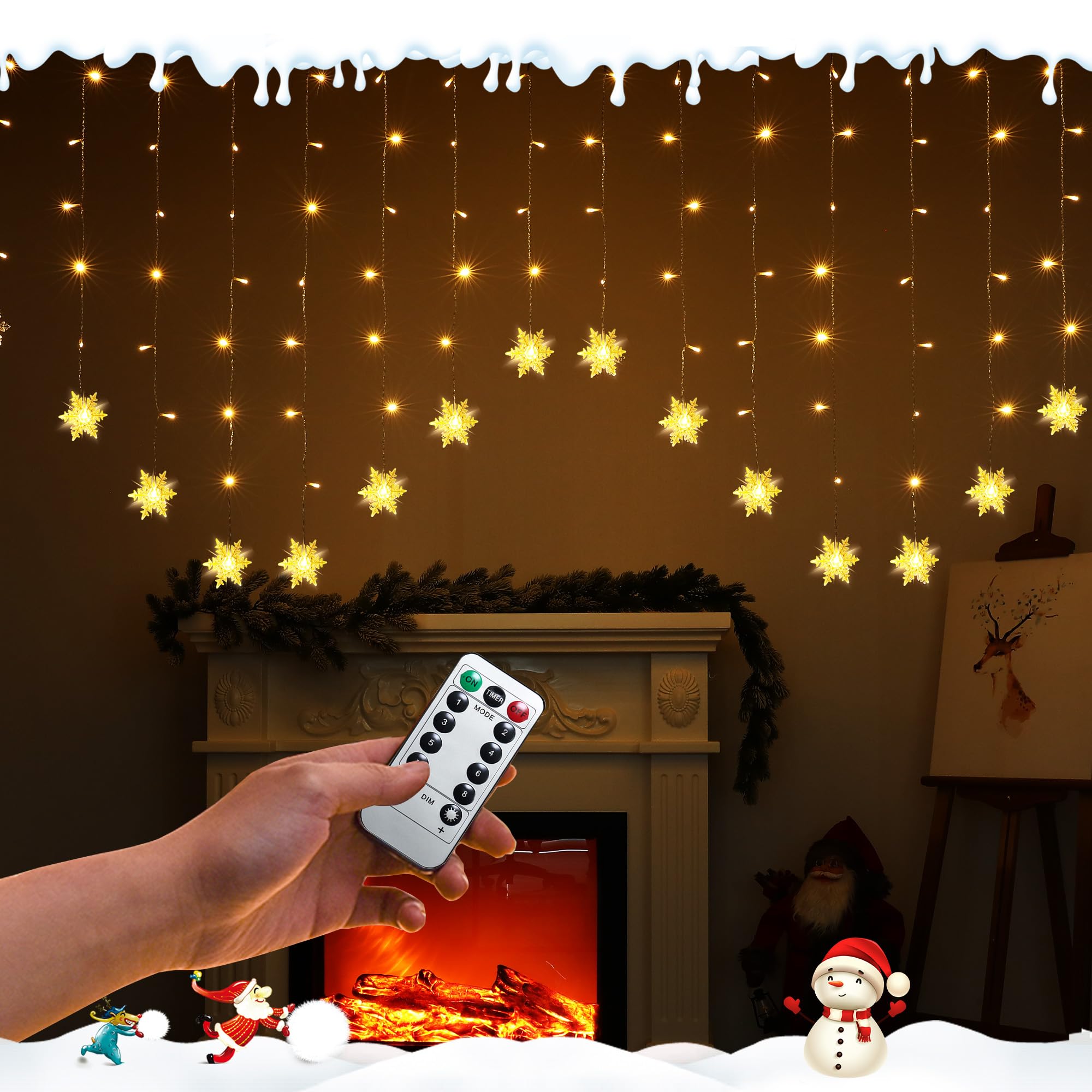 Woukksy Cortina de Luces Navidad 2x1m Copo de Nieve Luces de Navidad Pilas/USB de IP44, Blanco Cálido Guirnaldas Luz Cascada Navidad Led Interior Exterior Decoracion Navidad para Ventana, Balcon