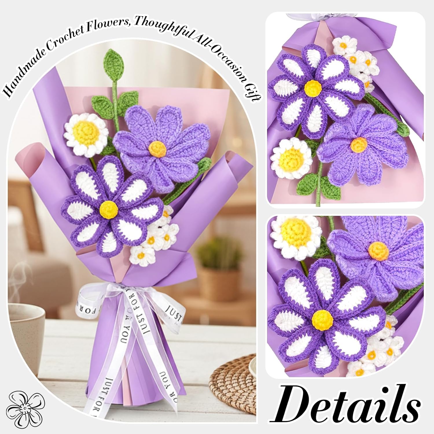 Purple Crochet Flower Bouquet - Handmade Knitted Flower Bouquet for Friend Lover Mom Birthday Party Gift, Crochet Daisy Flowers with Card for Wedding Anniversay Home Decor - Image 6