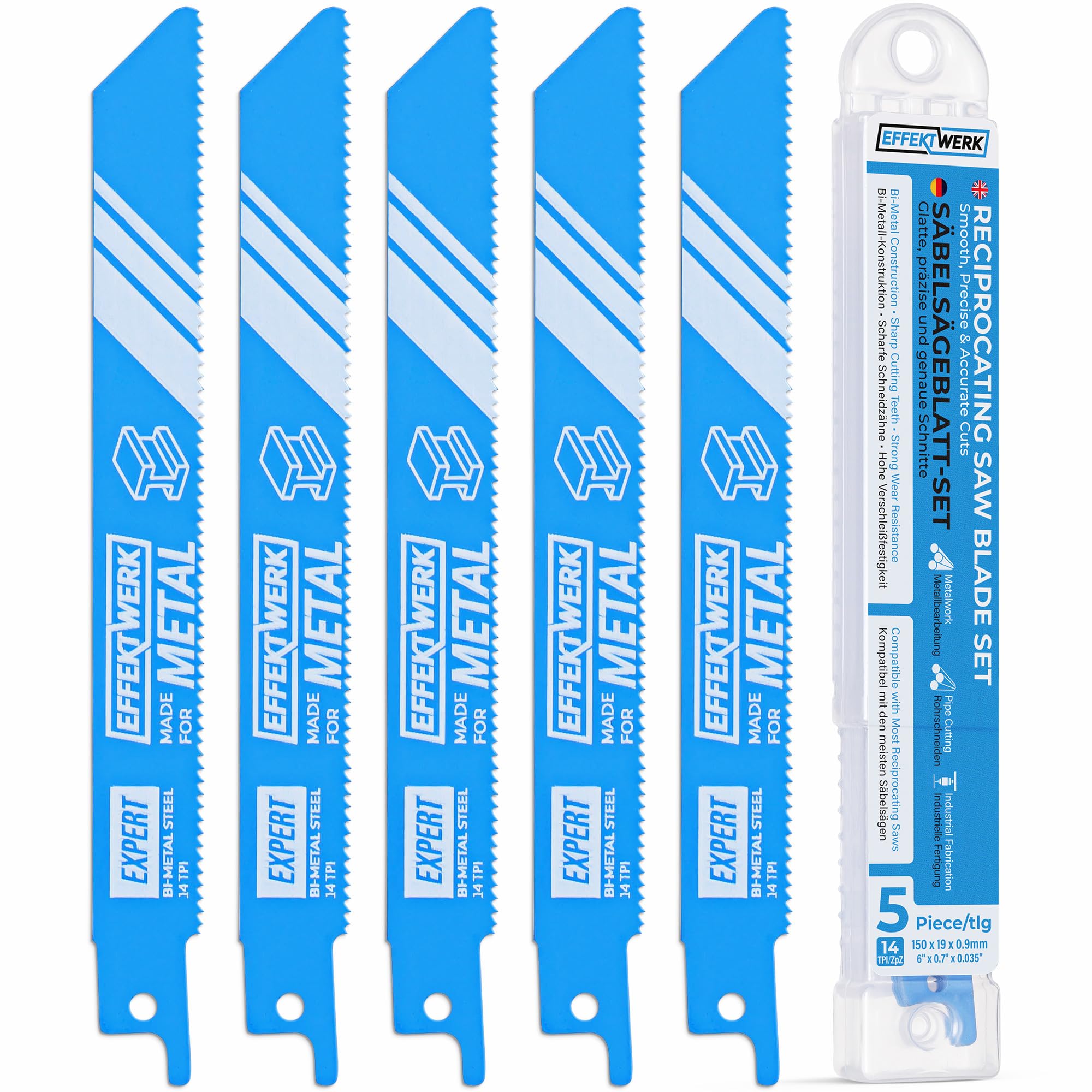 Hojas de sierra recíproca para metal - 5 piezas - Juego de hojas de sierra para cortar metal de 6"/150 mm - Hojas de sierra de acero bimetálico - 14 TPI (dientes por pulgada)