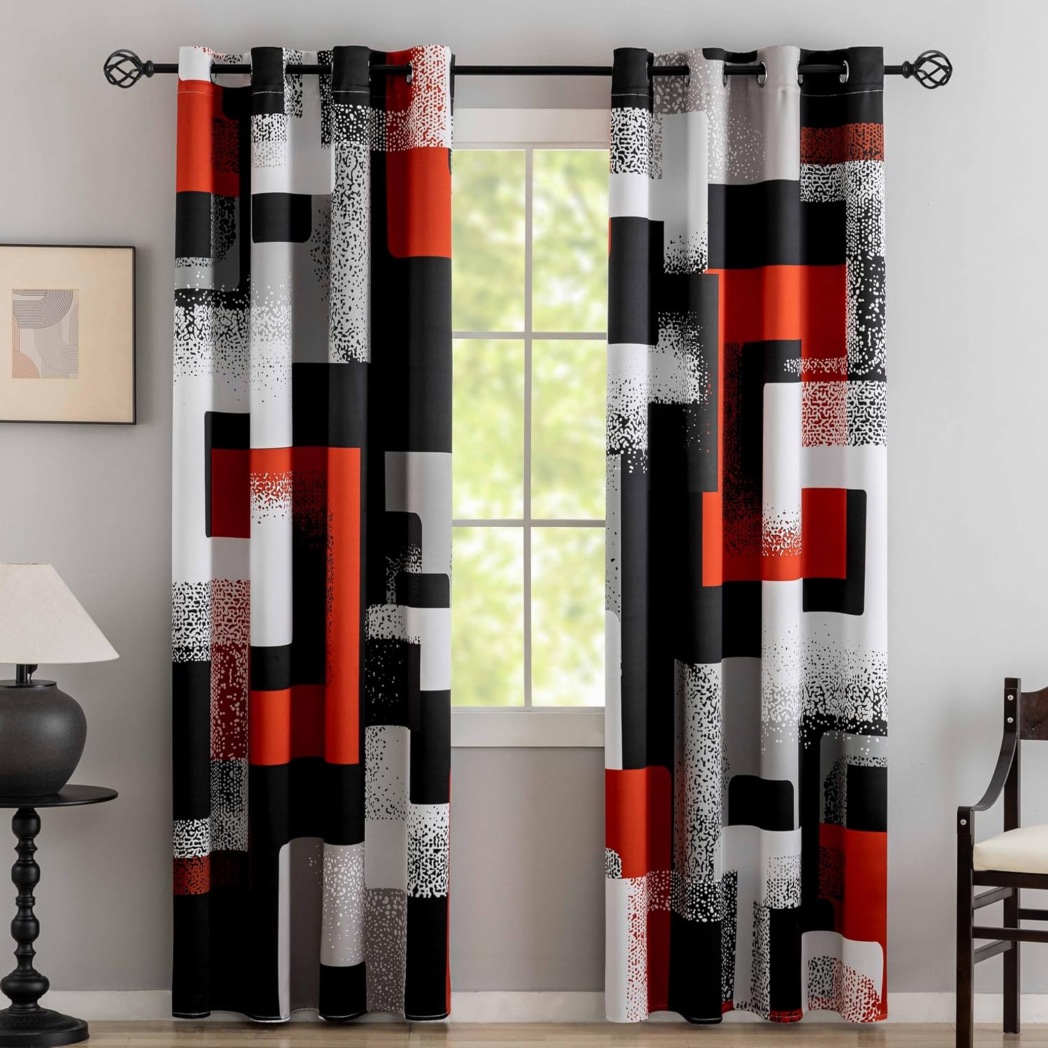 100% Blackout Curtains Abstract Black Red Curtains for Bedroom Geometric Black Out Grommet Window Drapes Room Insulated Darkening Modern Window Curtain for Living Room, 52x84 Inches