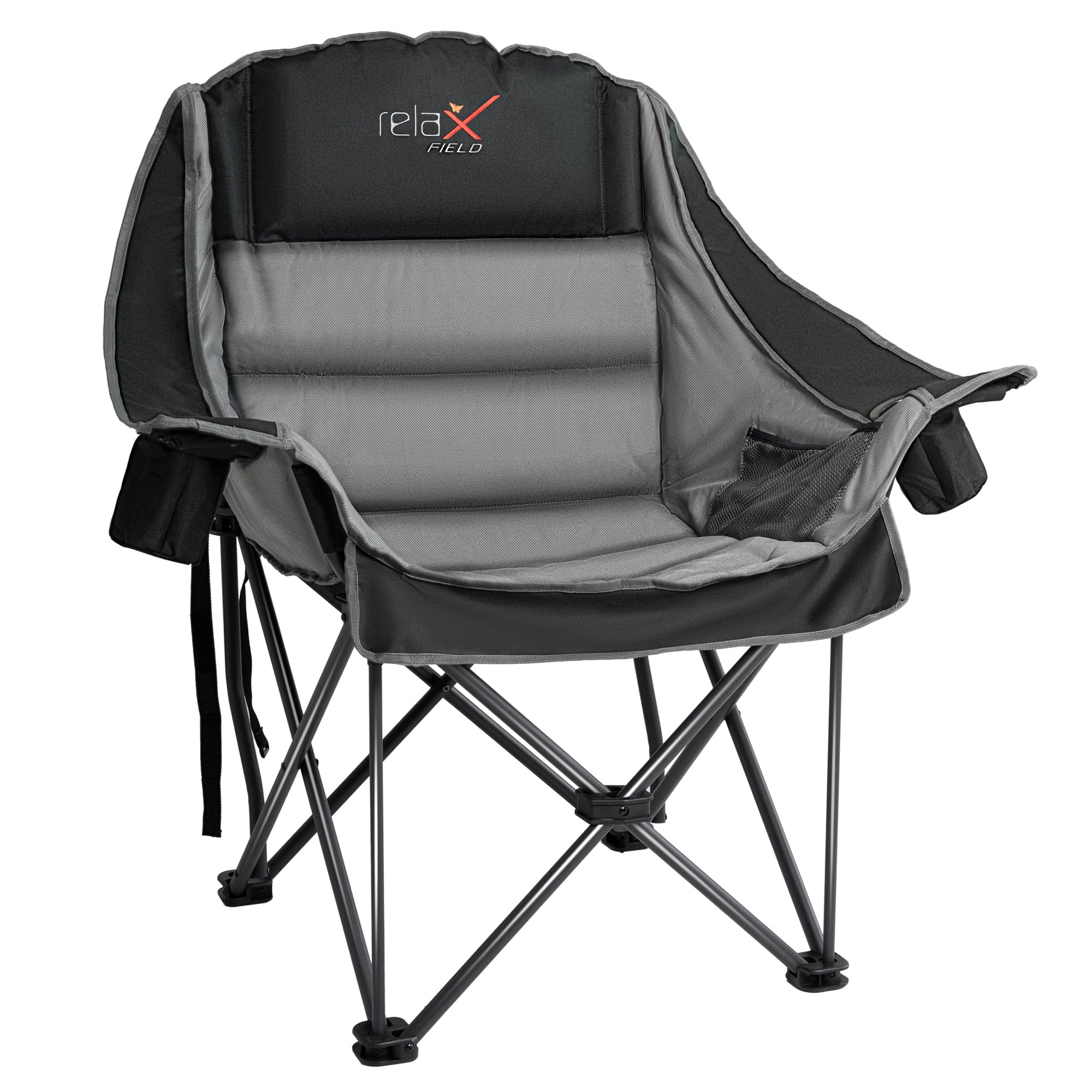 oversized camping chair, portable folding padded camp chairs with side pocket, cup holder, heavy duty support 500lbs outdoor lounge chair for adults, fishing, sports, trip, black