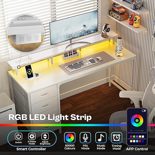 Miniatura 3 de Escritorio para computadora de 55 pulgadas con tomas de corriente y luces LED, escritorio para juegos con 4 cajones, escritorio de oficina con