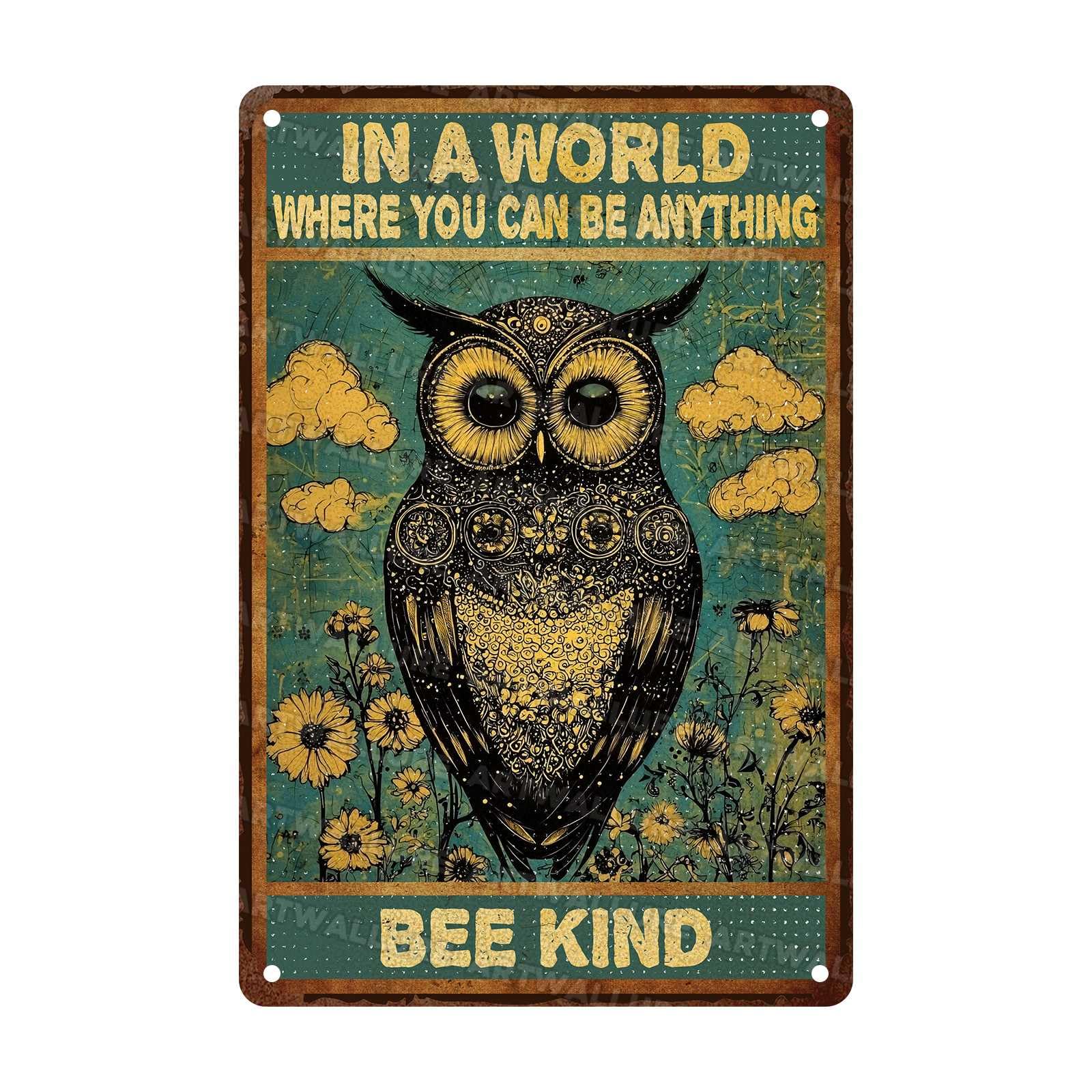 Owl Vintage Sign Floral and Owl Art Decor Metal Tin Sign Hippie Wall Home kitchen Decor 8x12Inch