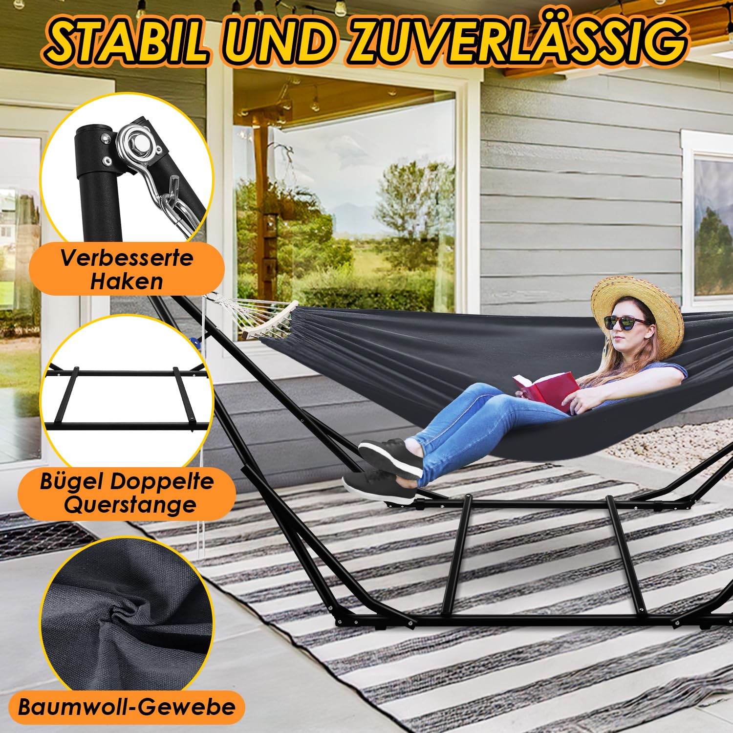 Hängematte mit Gestell Klappbar Garten Hängemattengestell Metall Gestell hängematte Outdoor hängematte Mit Tragetasche Metallgestell bis 150 kg für Camping Garten Pool Balkon