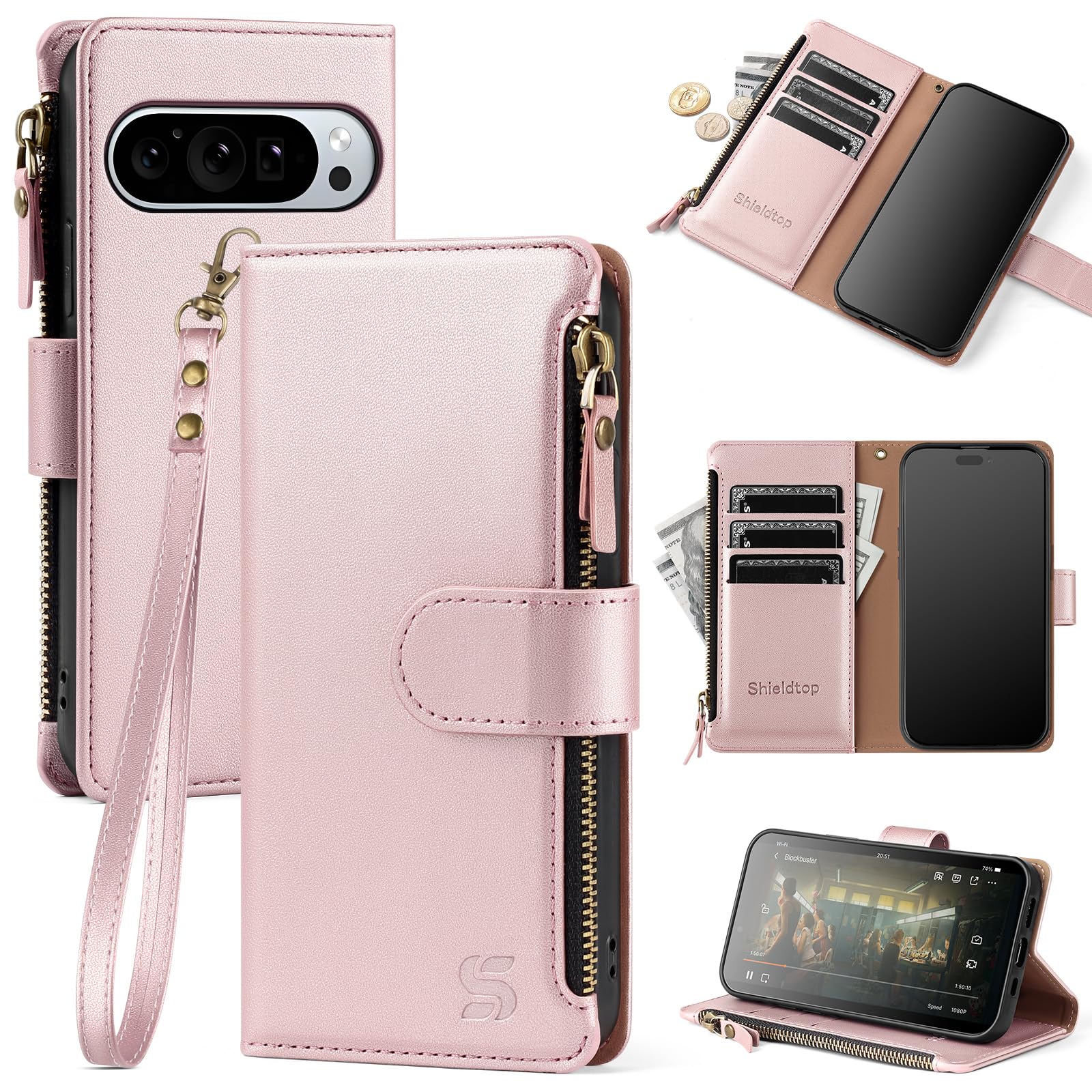 Shieldtop Compatible with Google Pixel 9 5G Wallet Case with Card Holder,Women Men RFID Blocking PU Leather Flip Cover Wrist Strap Zipper Credit Card