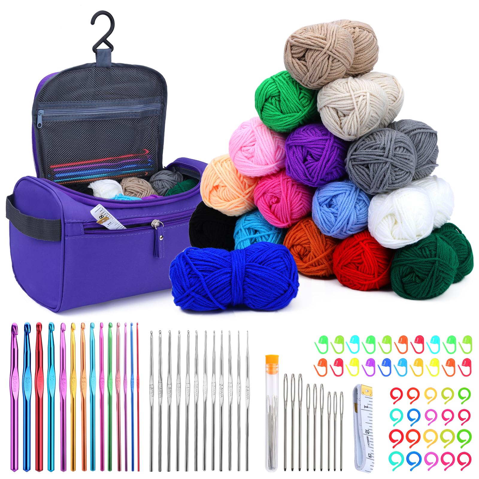 Doxiru Crochet Kits for Beginners, 0.6-10.0mm Complete Professional Crochet Hook Kit Knitting Starter Kit Includes Ergonomic Crochet Hooks Sets Yarn Crochet Bag for Crocheting, Silver