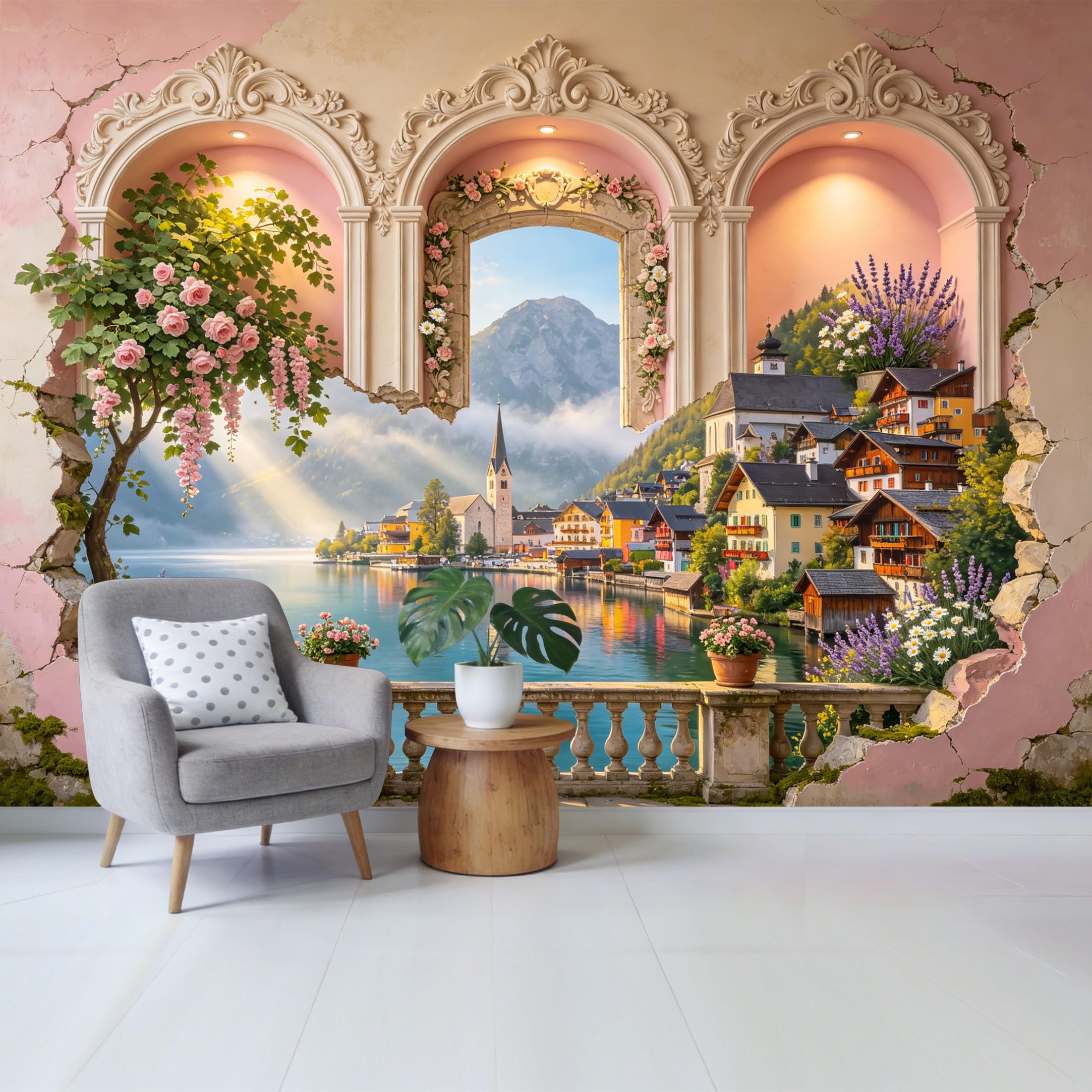 Removable Self Adhesive Fabric Mural， Neoclassical Floral Arch Mountain Lake View Custom Size Wall Covering， UV Protected Waterproof Washable Wall Decor for Living Room Bedroom Bathroom