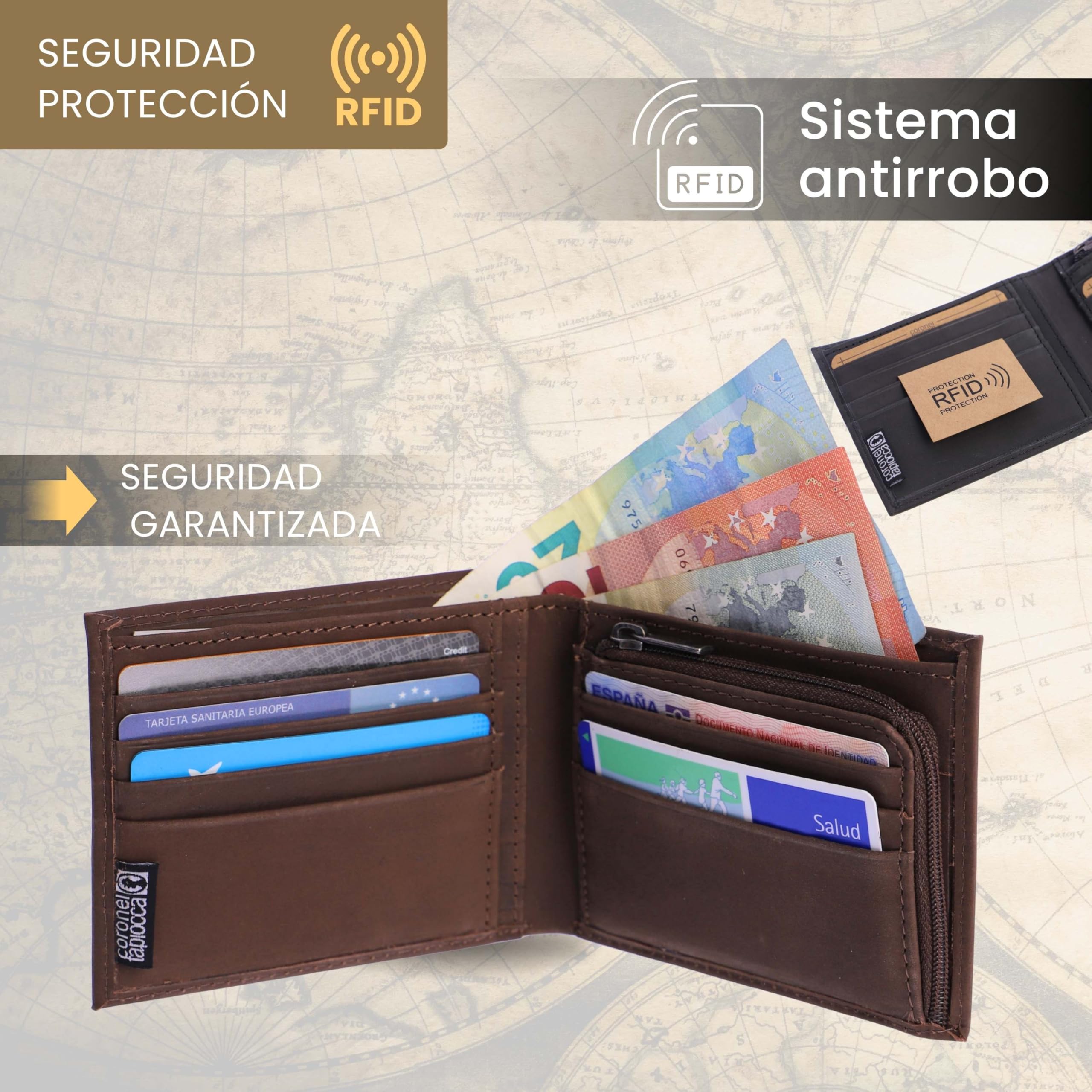 Coronel Tapioca - Carteras para Hombre de Piel - Cartera Hombre con Monedero - Monedero Casual - Cartera Tarjetero Gran Capacidad con Protección RFID
