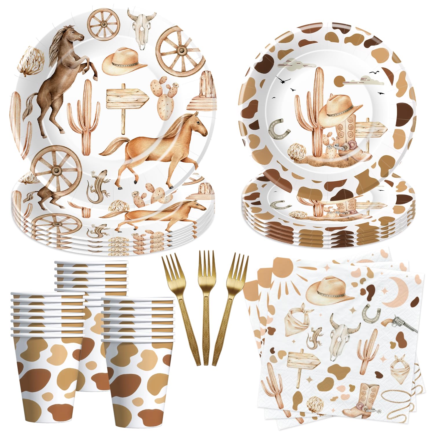 APOWBLS Western Cowboy Party Decorations Dinnerware - Wild West Party Supplies, Paper Plate, Cup, Napkin, Fork, Western Cowboy Rodeo Theme Birthday Baby Shower Decorations Tableware | Serve 24 Guests