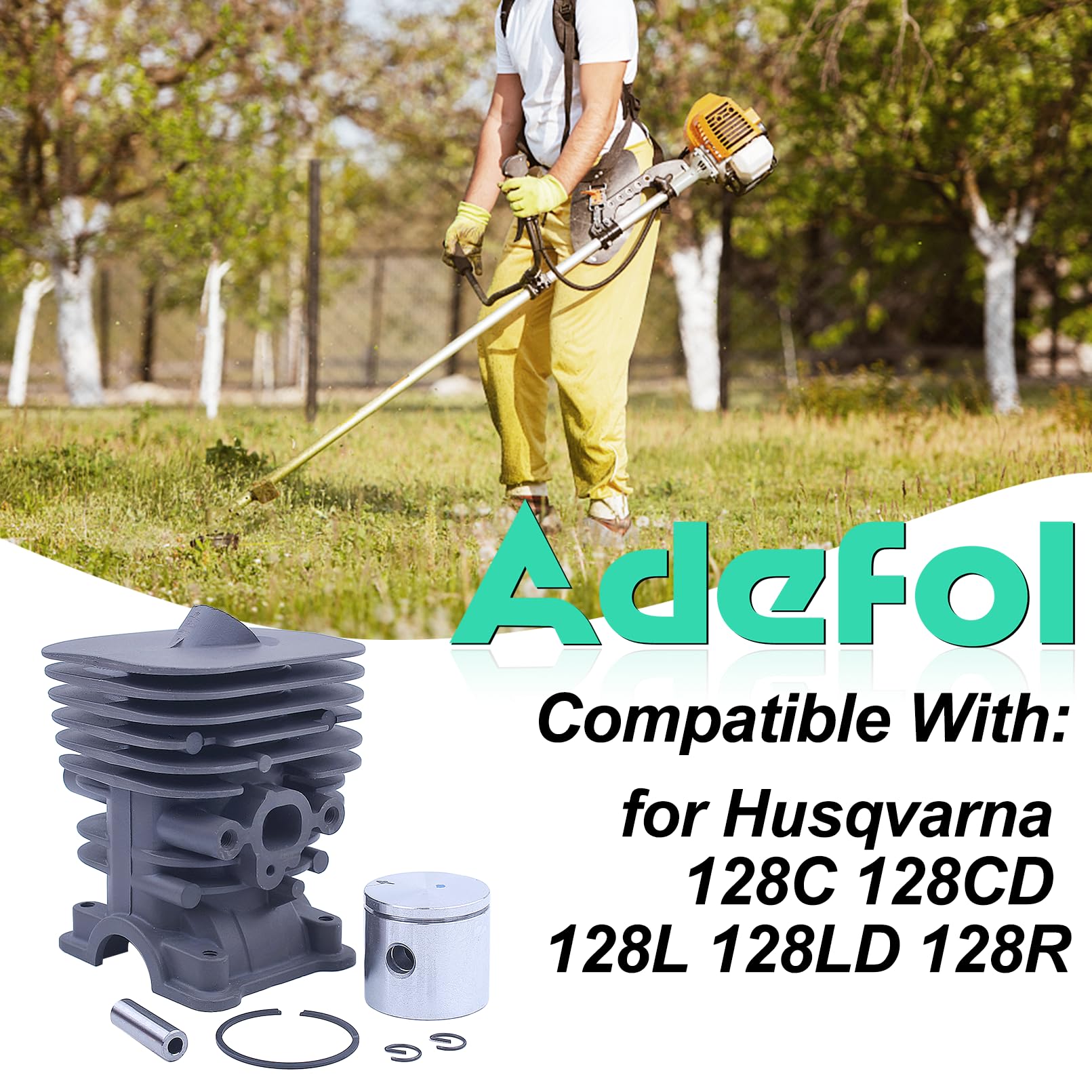Adefol Cilindro Pistón Kit de 35 mm para Husqvarna 128C 128CD 128L 128LD 128R con Filtro de Aire, Línea de Filtro de Combustible, Bujía, Cojinete de Cigüeñal, Repuestos 545008082
