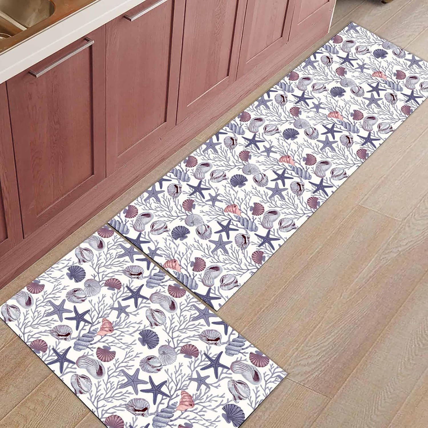 2 Pieces Kitchen Rugs and Mats,Summer Marine Starfish Shell Conch Coral Area Runner Rug Set Non Slip Floor Doormat Washable Carpet Standing Mat for Kitchen Sink Indoor Corridor,Retro Ocean Creature