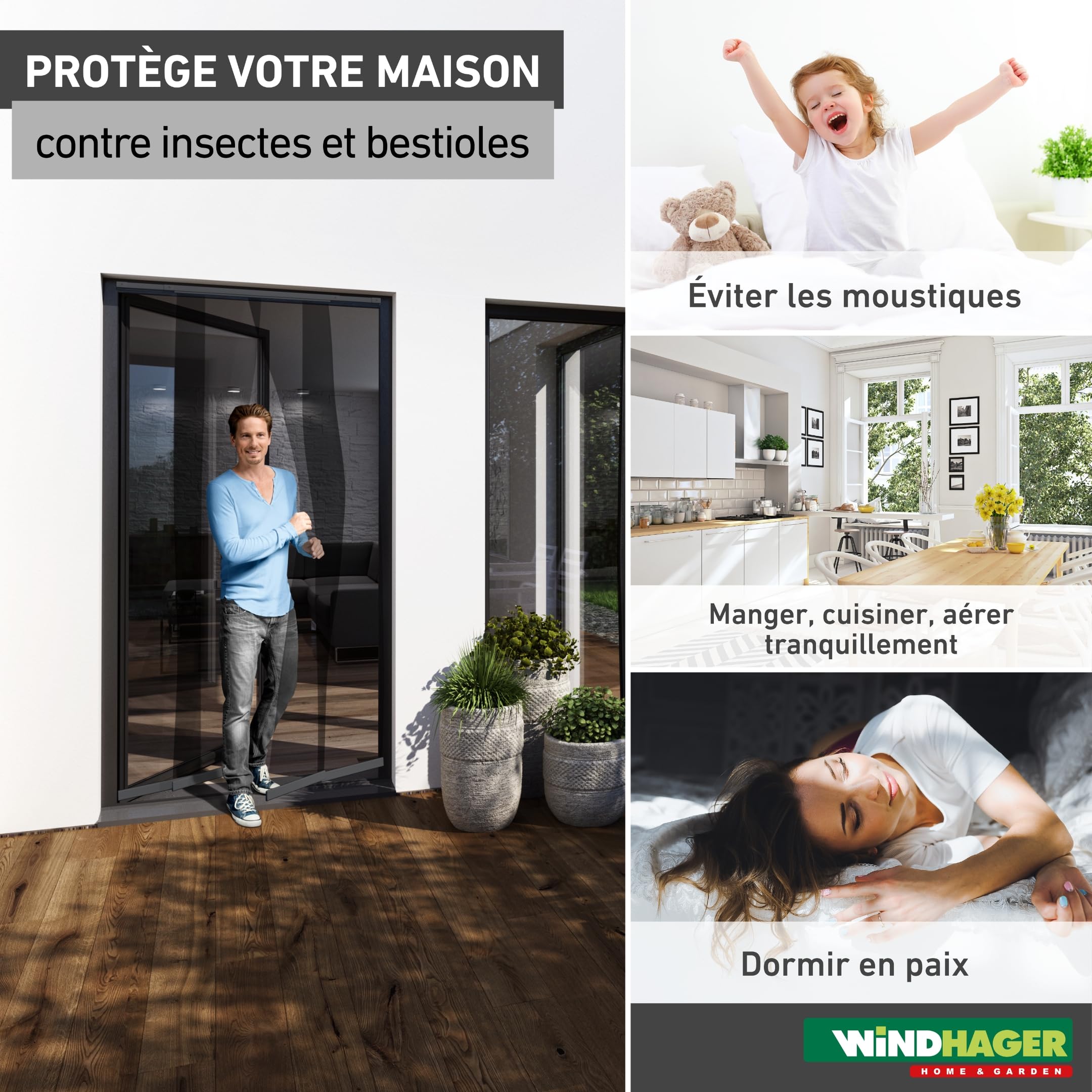 Windhager Moustiquaire porte télescopique 120 x 250 cm, rideau anti-insectes moustiques, installation facile sans perçage, passage libre pour porte balcon, anthracite, 04302