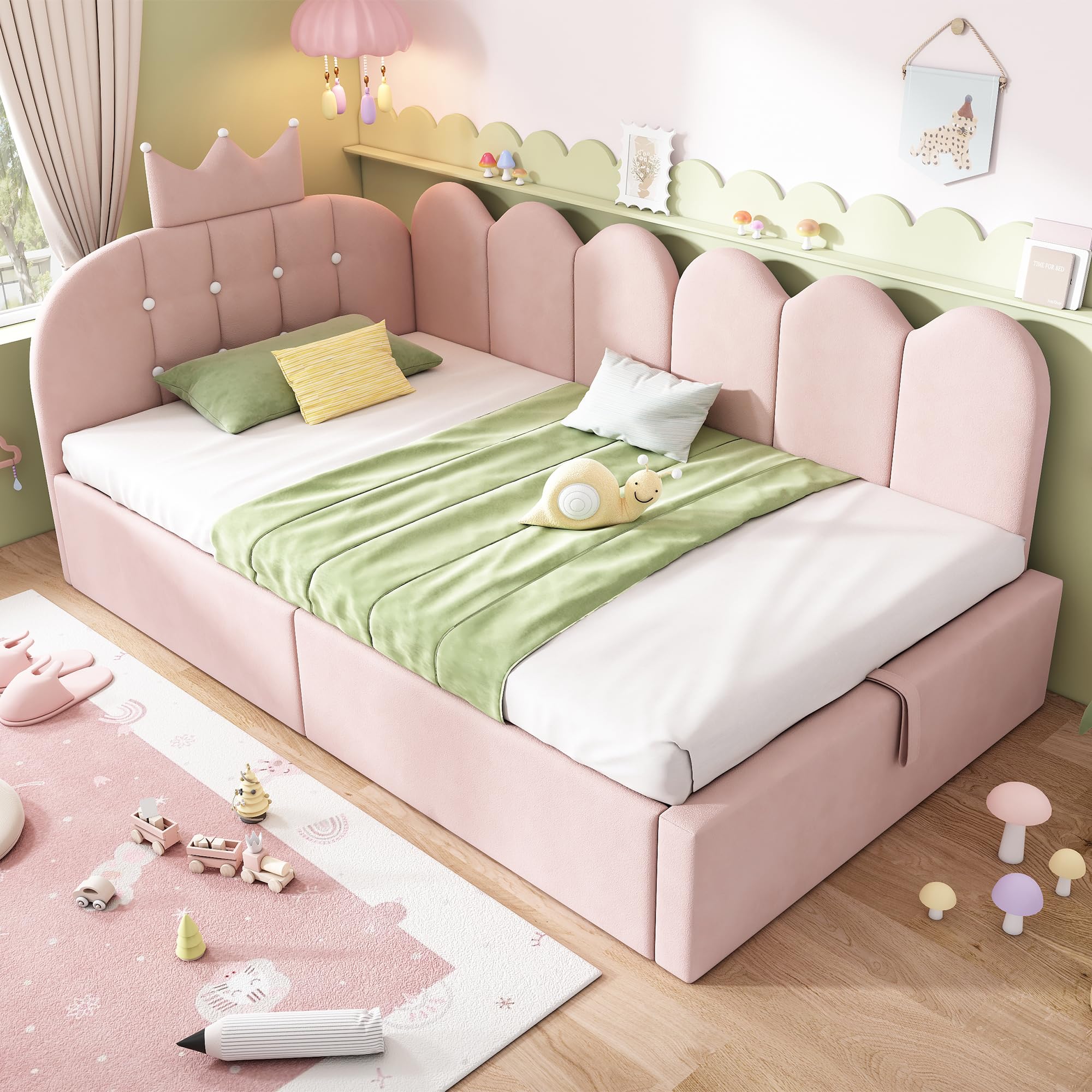 Mrwoo Cama día 90x190 cm con Almacenamiento Hidráulico, Sofá Cama con Diseño de Corona y Rejilla, Cama Infantil, Terciopelo, Rosa(Sin Colchón)
