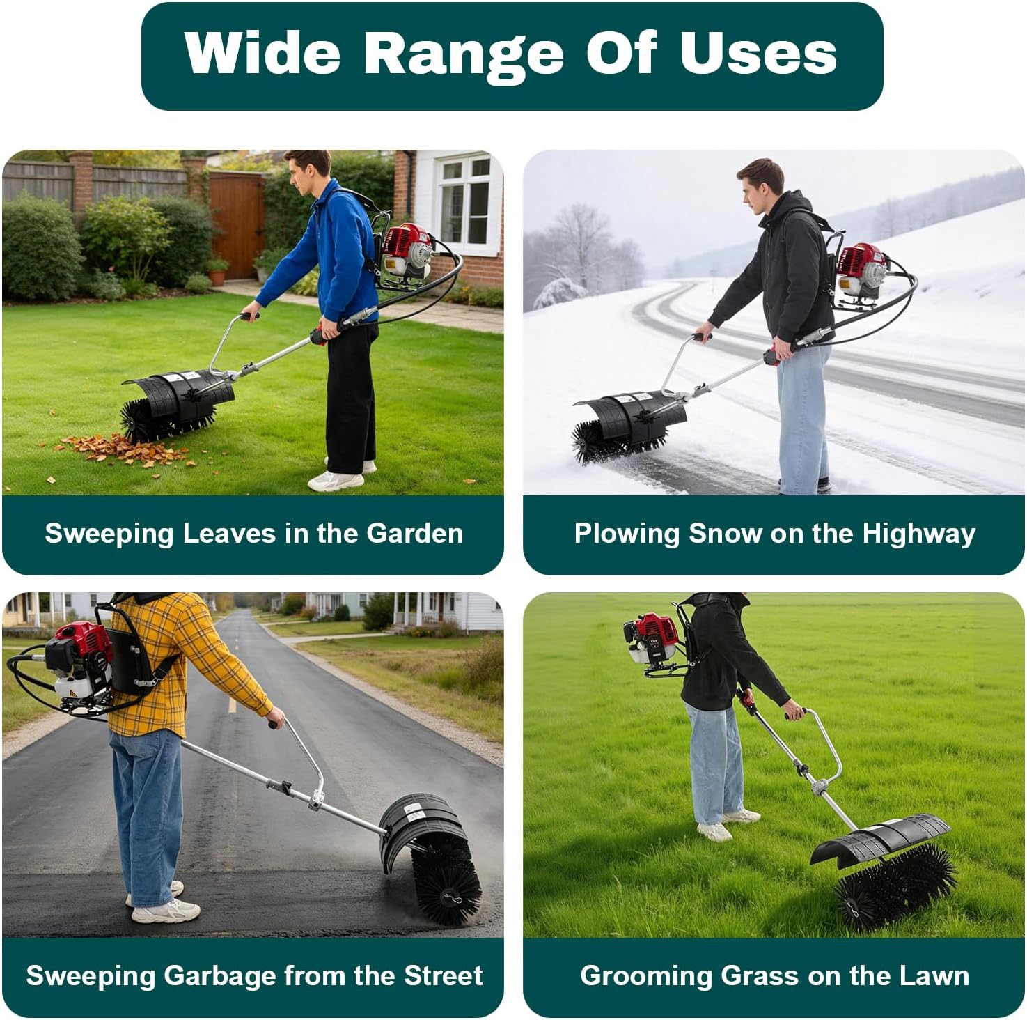 52CC Sweeper Machine 2-Stroke Gasoline Engine, Artificial Turf Vacuum Snow Shovel, Power Broom for Driveways, Lawns, Pavements, Golf Courses