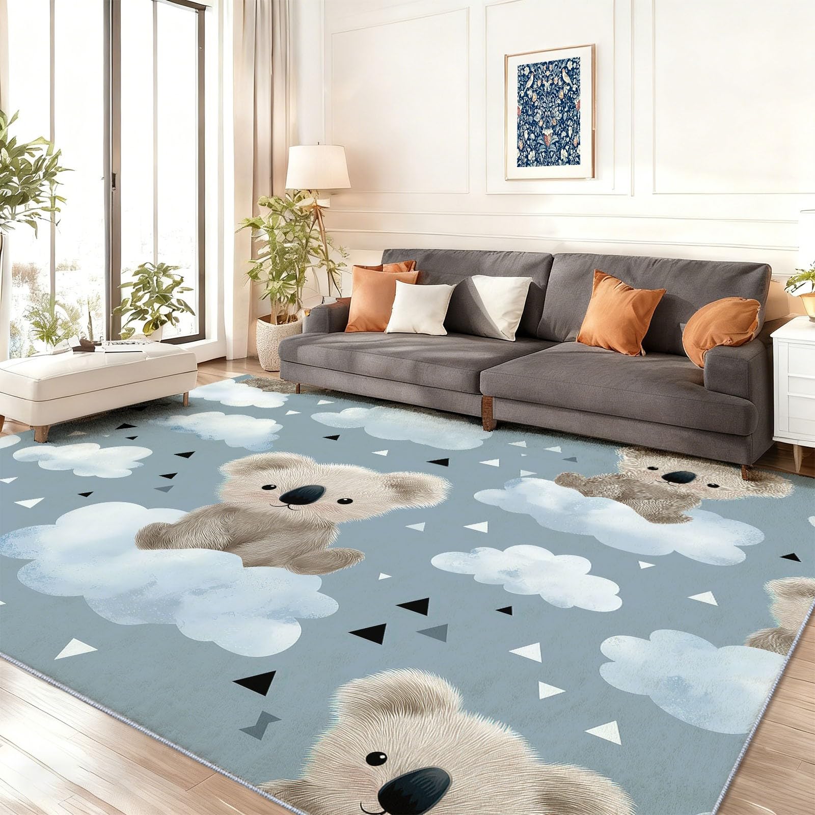 Dywan do salonu – prostokątny, 160 x 230 cm, delikatne krótkie runo z uroczym misiem, bardzo komfort i antypoślizgowy, poprawa stylu mieszkania, do sypialni, szary