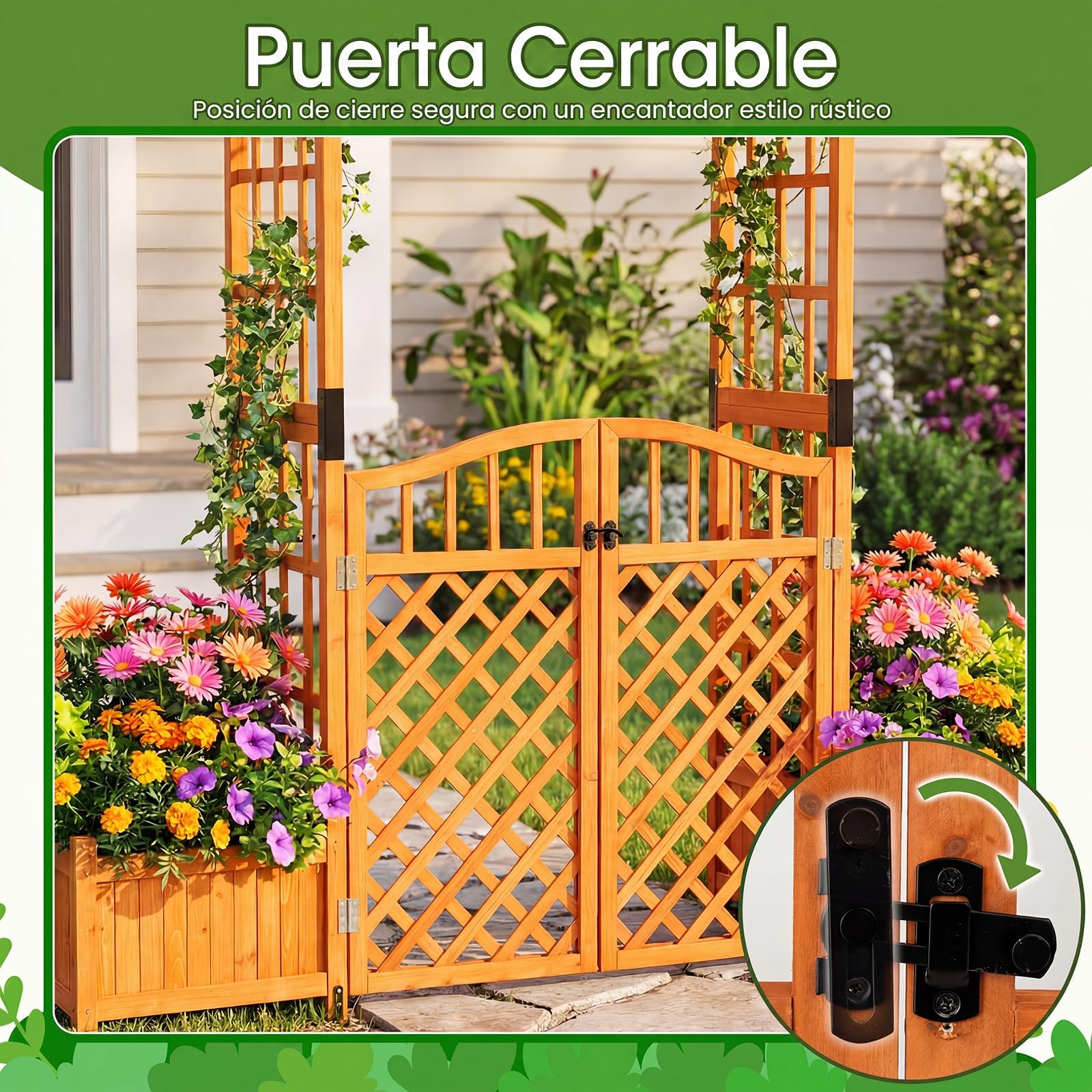 COSTWAY 210 cm Jardinera con Celosia, Pérgola de Jardín con Puerta y 2 Jardineras, Arco Jardin Exterior de Madera con Orificios de Drenaje, Enrejado para Plantas Trepadoras, Rosas y Enredaderas