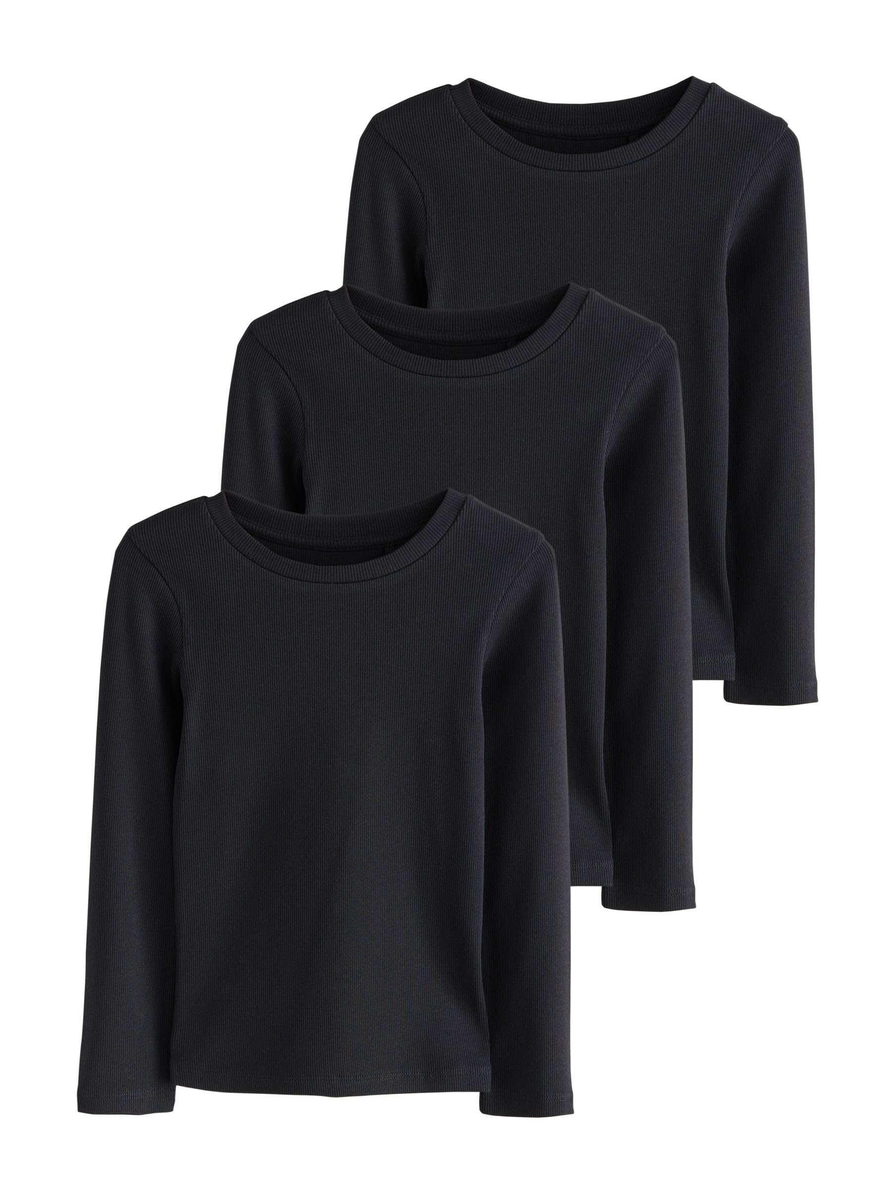 NEXT Fille Hauts côtelés à Manches Longues, Lot de 3 Noir 10 Ans